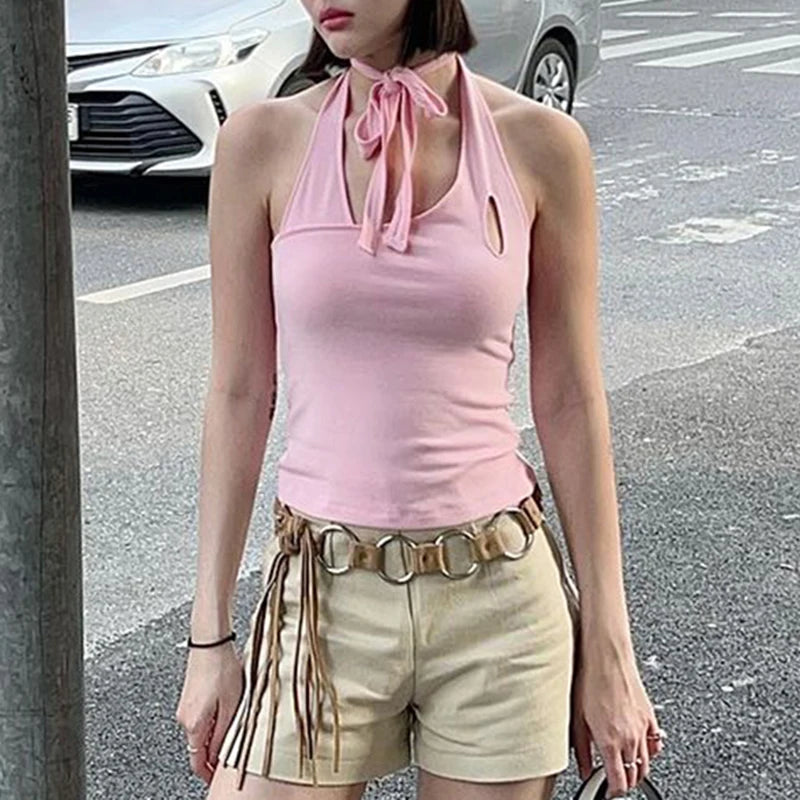 Sexy Backless Slim Pink Halter Camisole Top - Hollow Out Tie Up Korean Style Summer Crop Top for Women | Streetwear Fashion, Beachwear, Party Outfit