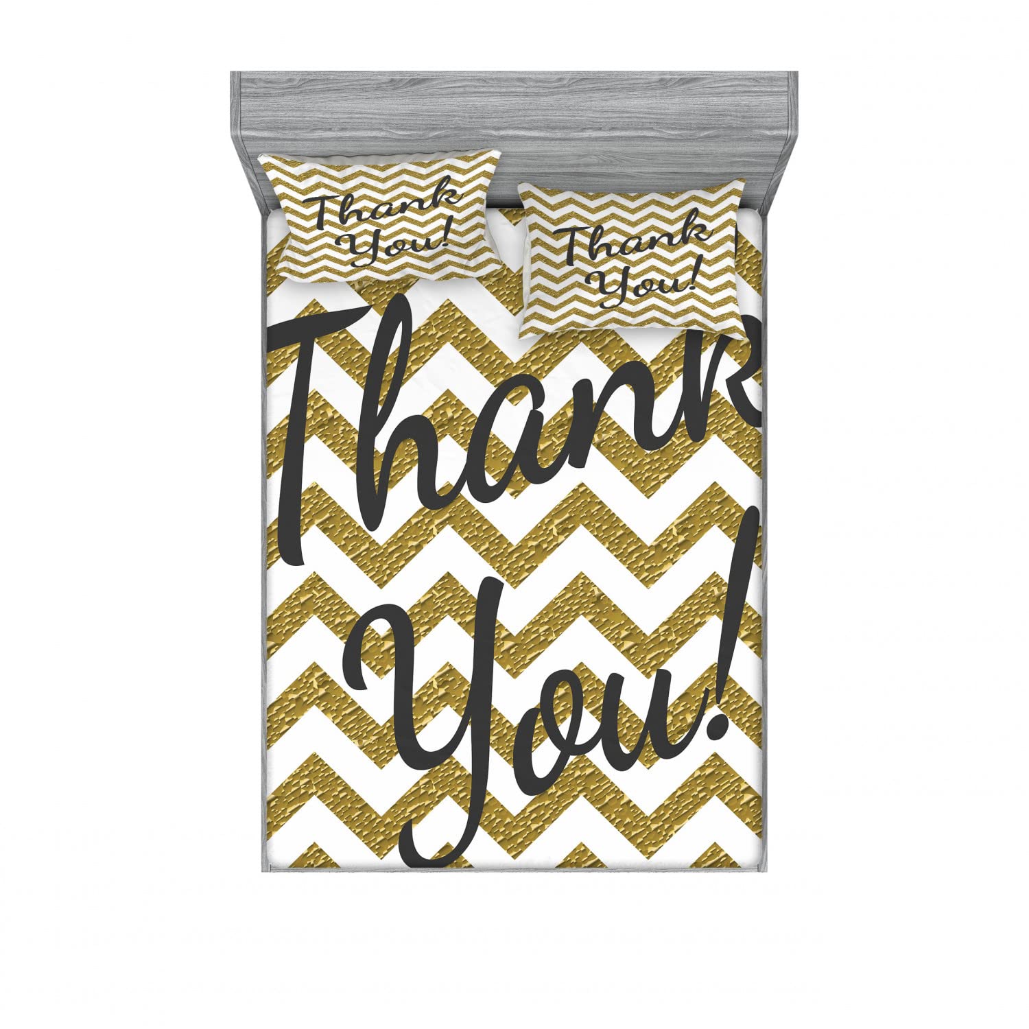 Ambesonne Modern 2-Pack Full Size Fitted Sheet Set with 4 Pillow Shams - Thank You Words Zigzag Pattern Bedding Decor in Charcoal Grey & Yellow - Perfect for Guest Rooms, Dormitories & Home Decor