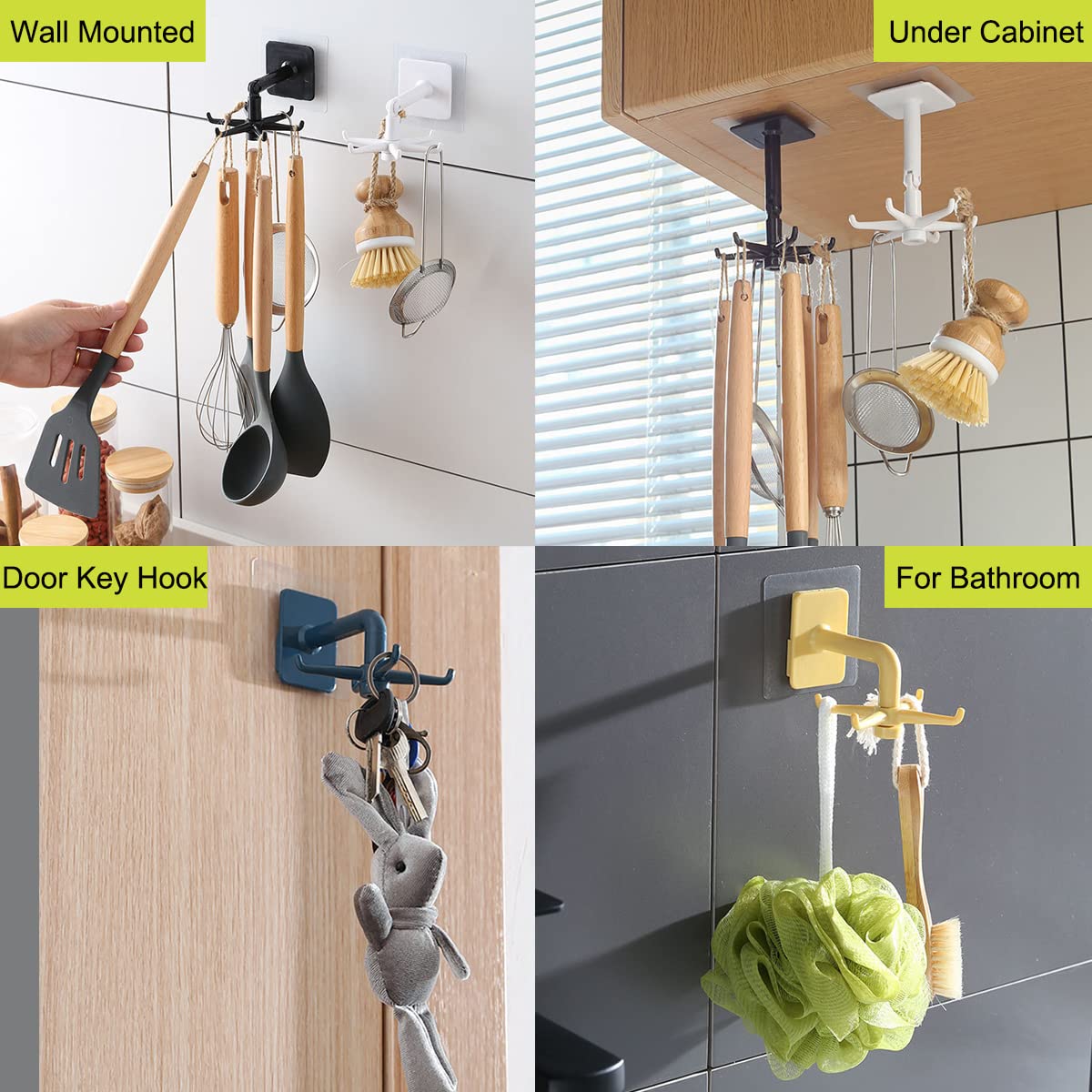 360° Rotatable Under Cabinet Kitchen Utensil Hanger - 2 Pack Space Saving No Drill Wall Mount Organizer with 6 Hooks for Spoons, Ladles & Cooking Tools - Perfect for Small Kitchens, RVs & Apartments (Black)