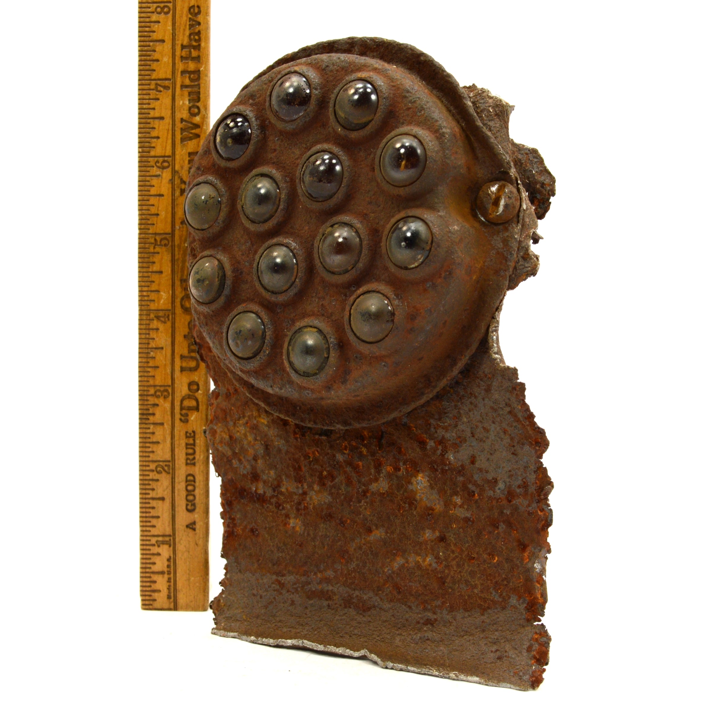 Vintage Antique Railroad Reflector Sign - Small 5 Marker with 14 Glass Marbles & Rusty Patina - Perfect for Home Decor, Train Enthusiast Gifts, and Rustic Wall Art