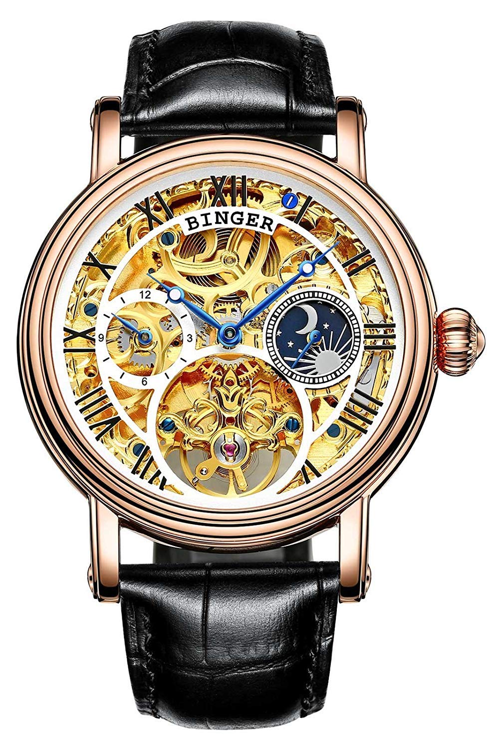 MASTOP Automatic Mechanical Skeleton Watch for Men - Gold/Silver Stainless Steel Case with Black Leather Band - Luxury Dress & Business Watch for Formal Occasions