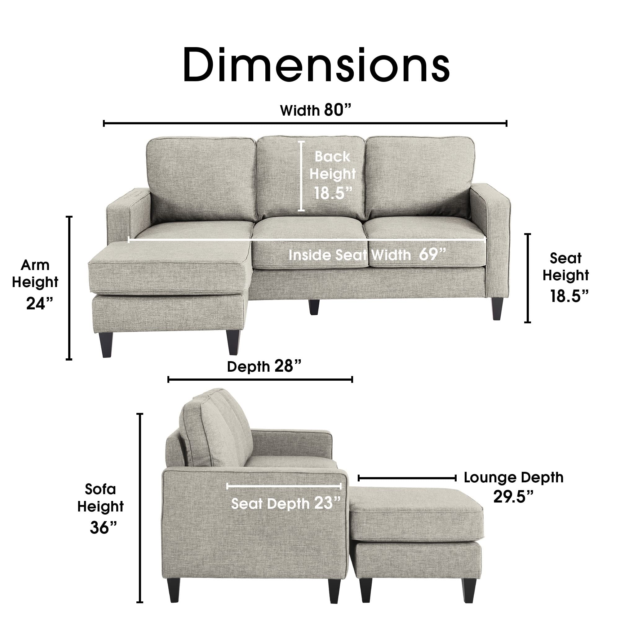 Serta Harmon Reversible L-Shaped Sectional Sofa - Modern Small Space Couch with Soft Fabric Upholstery, Square Arms & Pillow Back Cushions in Light Gray - Perfect for Apartments, Living Rooms and Cozy Home Spaces