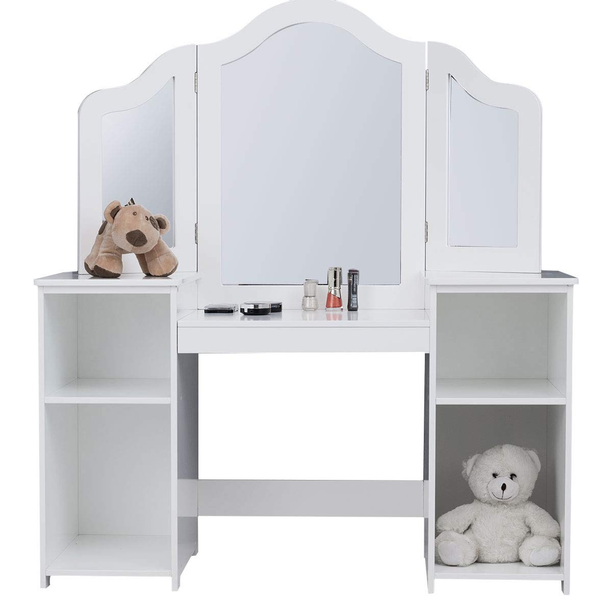 **White Kids Vanity Table with 4 Storage Shelves & 2 Folding Mirrors - 2-in-1 Makeup Dressing Table for Girls, Perfect for Bedroom Playroom & Birthday Gifts**