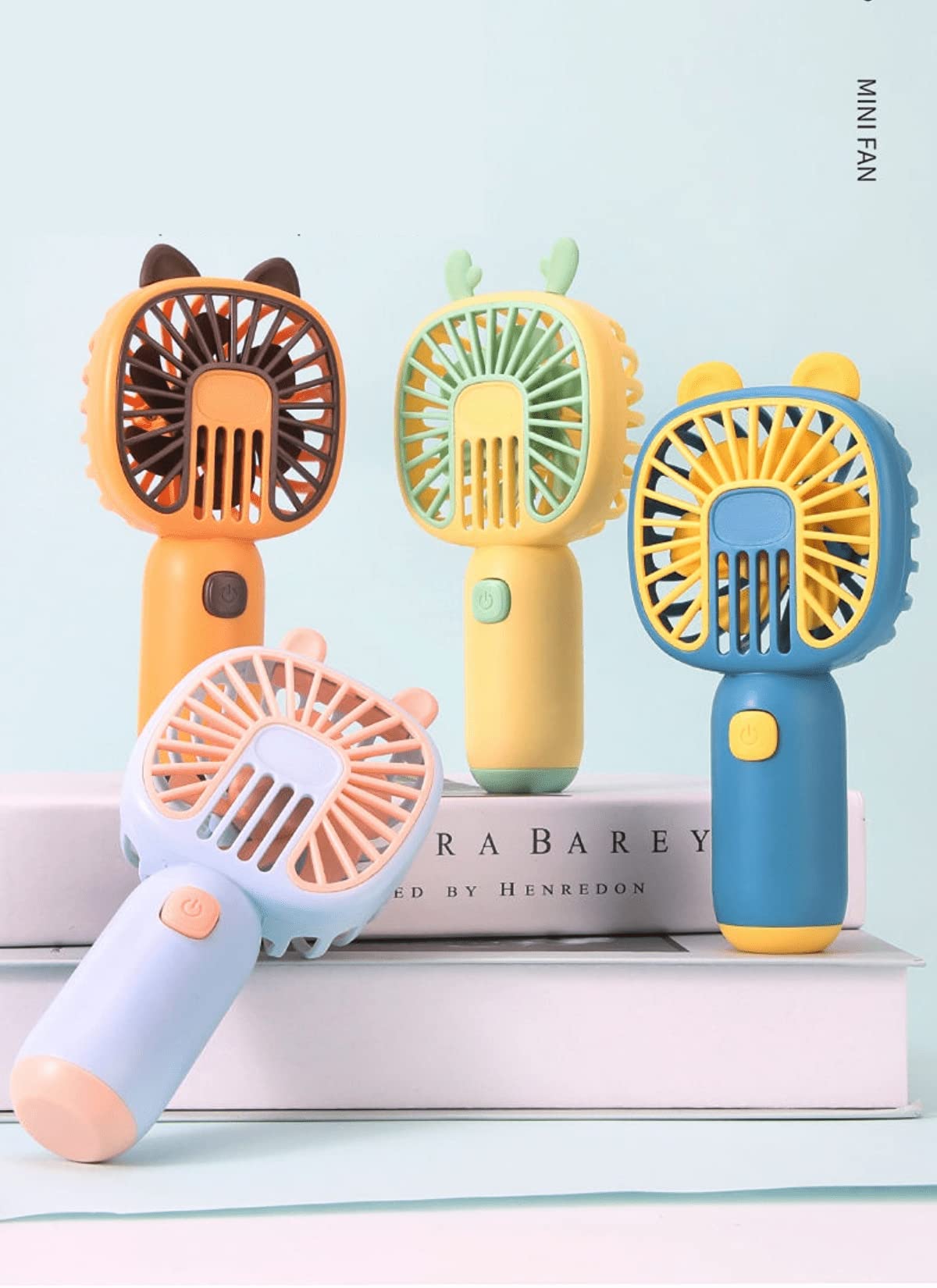 Cute Mini Handheld Personal Fan - USB Rechargeable Battery Operated Portable Fan for Kids & Teens - Bunny Ear Design in Light Blue - Perfect for School, Office, Outdoor Travel & Summer Cooling