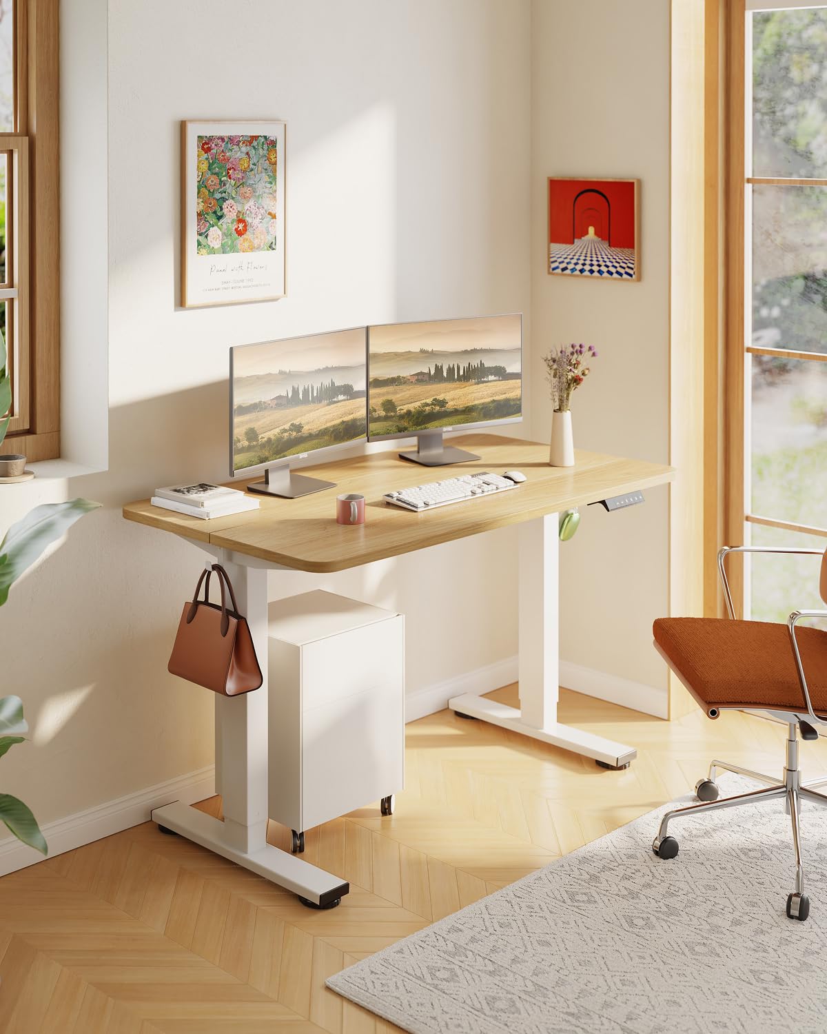 SANODESK Electric Standing Desk 40x24 Inches - Height Adjustable Sit Stand Desk for Home Office with Splice Board, White Frame & Maple Top - Ergonomic Workspace Solution for Productivity & Comfort