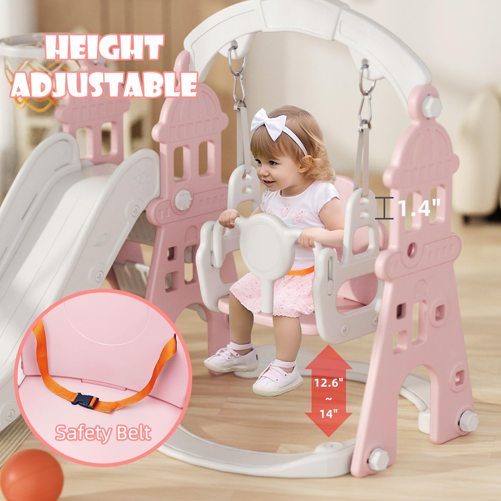 67i Toddler Swing and Slide Set for Kids Age 1-3 Years - Indoor & Outdoor Plastic Playset with Safety Belt, Basketball Hoop, HDPE Material (Pink) - Perfect for Backyard, Garden, Playroom and Preschool Activities