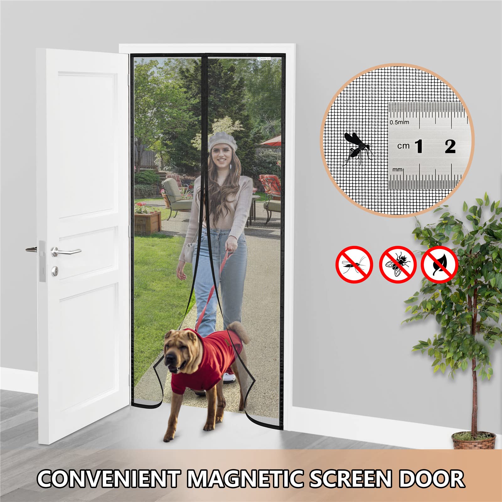 CWEEN CLU Magnetic Screen Door 95x200 cm - No Drill Installation, Black - Perfect for Balcony Doors, Patio Doors, French Doors - Keep Bugs Out While Enjoying Fresh Air