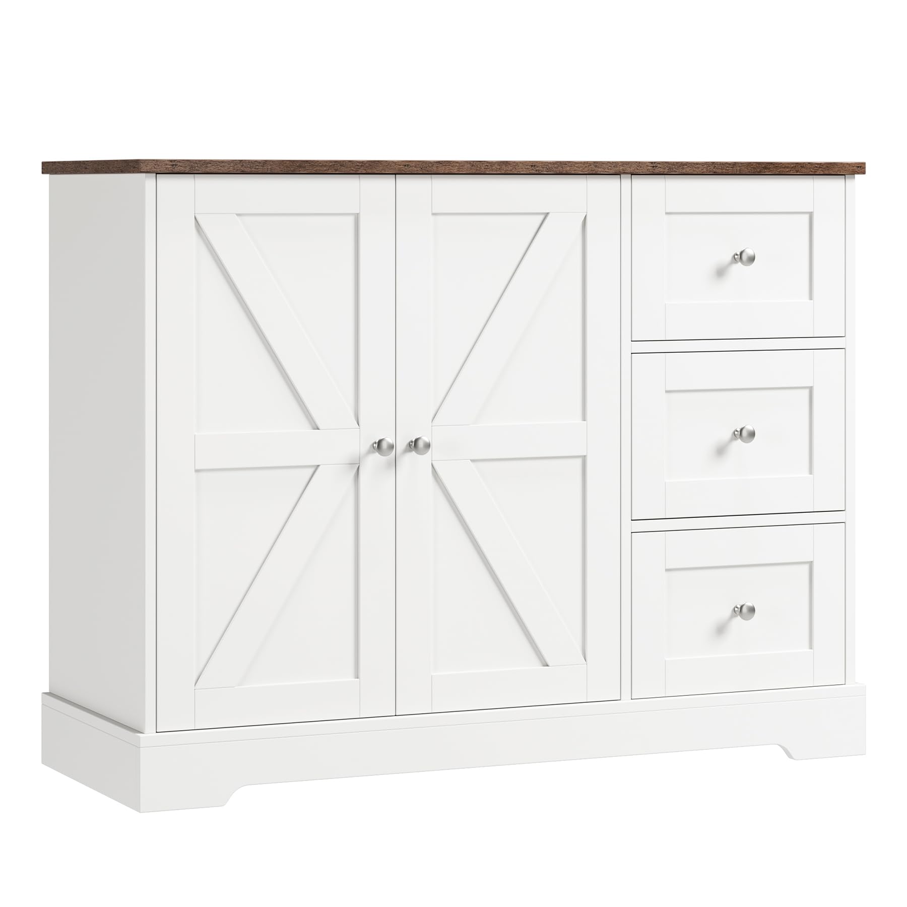 Farmhouse Style Sideboard Buffet Cabinet with Storage - 41.5 Inch White Kitchen Storage Cabinet with 3 Drawers & Open Shelves, Coffee Bar Organizer with Barn Doors - Perfect for Kitchen, Dining Room, Hallway or Entryway Storage Solution