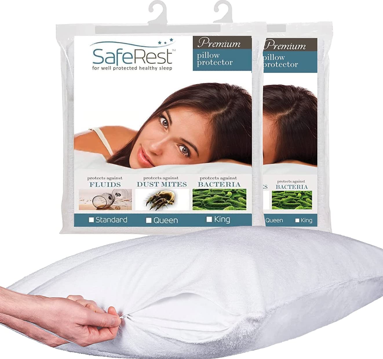 SafeRest Waterproof Pillow Protector - Pack of 2 Queen Size Zippered Pillow Covers - Breathable Cotton Terry Encasement for Allergy Relief & Bed Protection - Perfect for Dorms, Apartments & New Homes