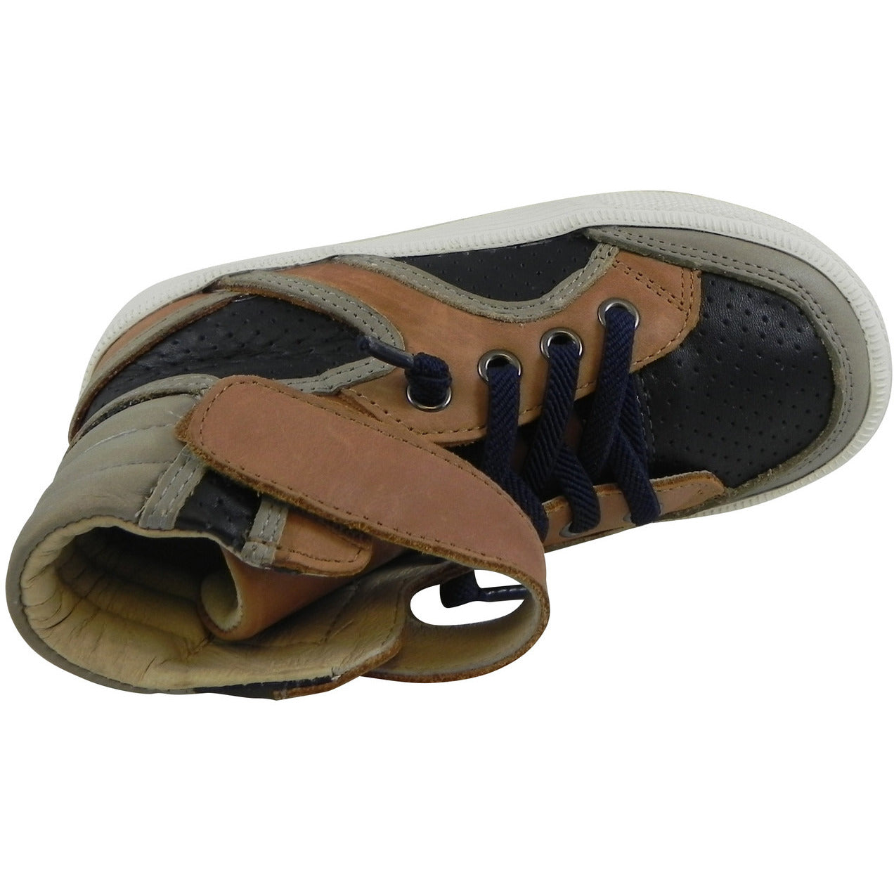 Old Soles 1027 Boys' High-Top Leather Sneakers - Tan, Navy & Grey Lace-Up Shoes for Kids | Durable & Stylish for School, Play & Everyday Wear