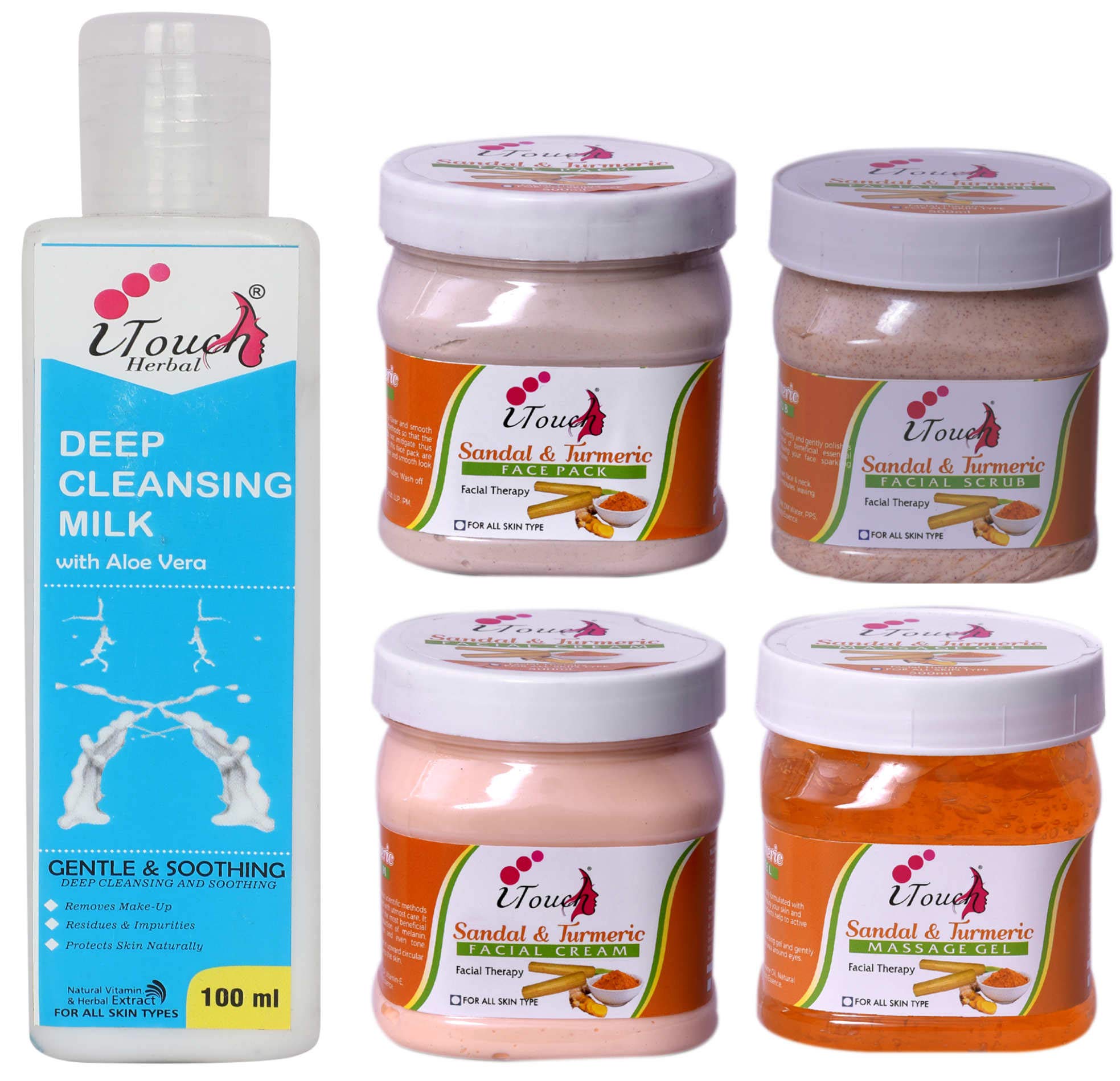 Organic Herbal Sandal & Turmeric Scrub Cream Pack with Gel 500ml x4 + Deep Cleansing Milk 100ml (5-Piece Set) - Brightening Face & Body Care for Glowing Skin - Perfect for Spa Day & Skincare Routine