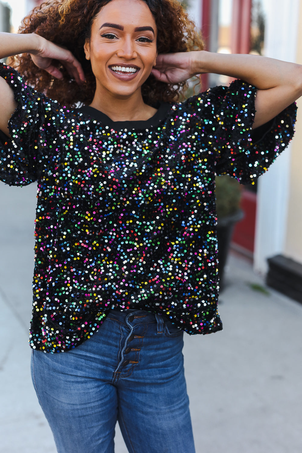 Black Velvet Multicolor Sequin Puff Sleeve Top for Women | Holiday Party & Christmas Outfit | Perfect for Festive Gatherings, NYE Celebrations & Special Occasions