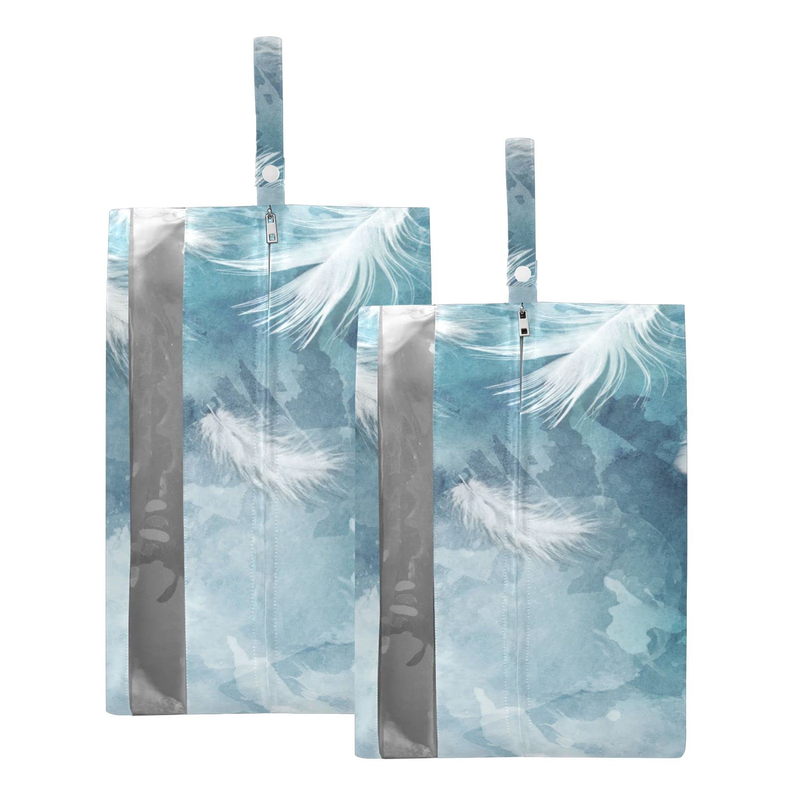 Waterproof Shoe Bags for Travel with Zipper Closure - Portable Shoe Storage Bags (White Feathers Blue) - Perfect for Gym, Hotel & Airplane Travel Organization
