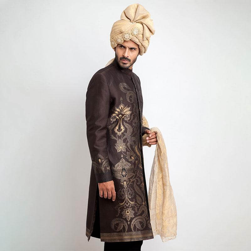 Elegant Chocolate Brown Brocade Sherwani for Men - Perfect for Weddings, Festivals & Special Occasions