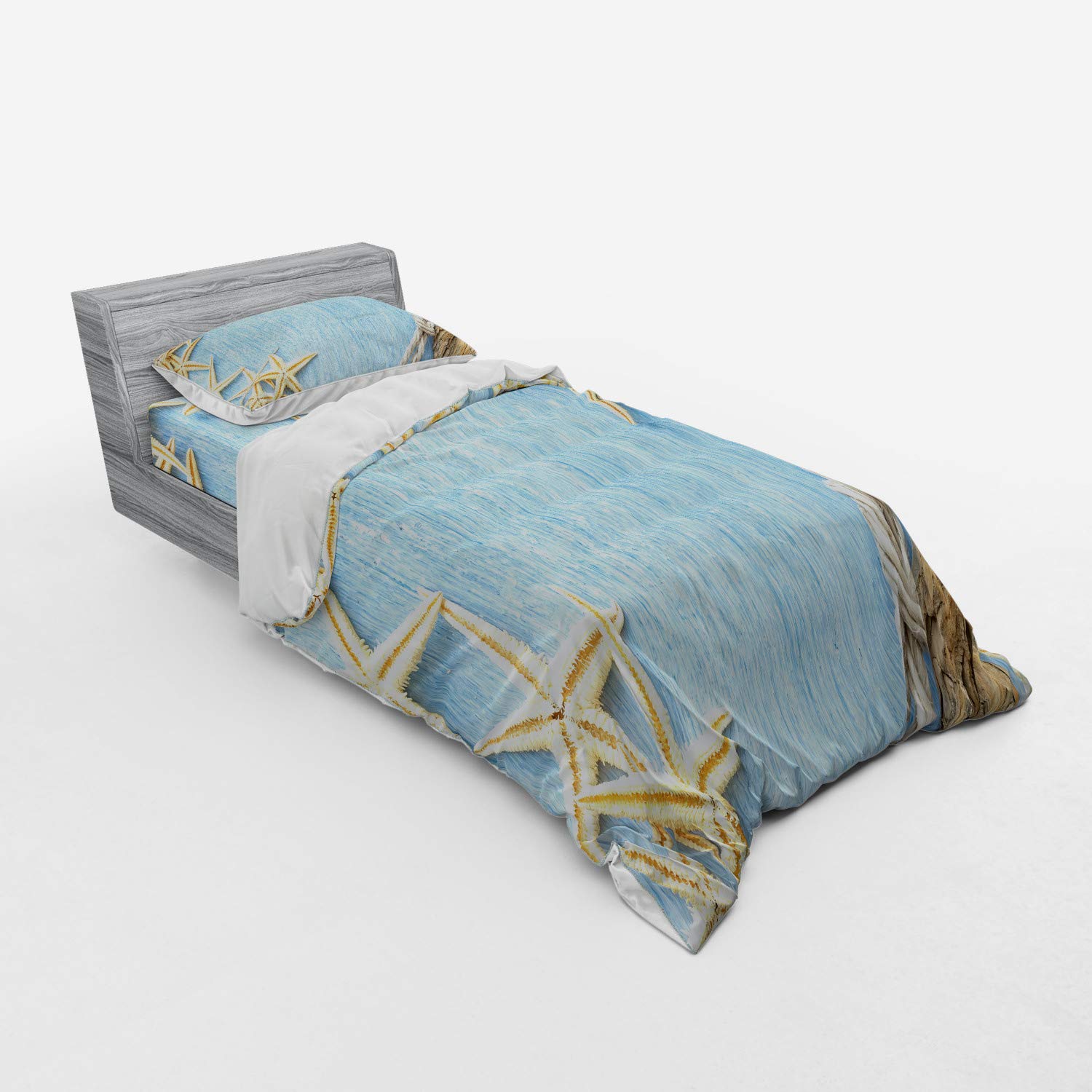 Ambesonne Seashells 3-Piece Duvet Cover Set - Twin Size, Pale Blue Ivory, Coastal Beach Theme Bedding with Sham & Fitted Sheet | Perfect for Beach House Decor, Guest Room, Summer Bedroom Makeover, Nautical Themed Nursery