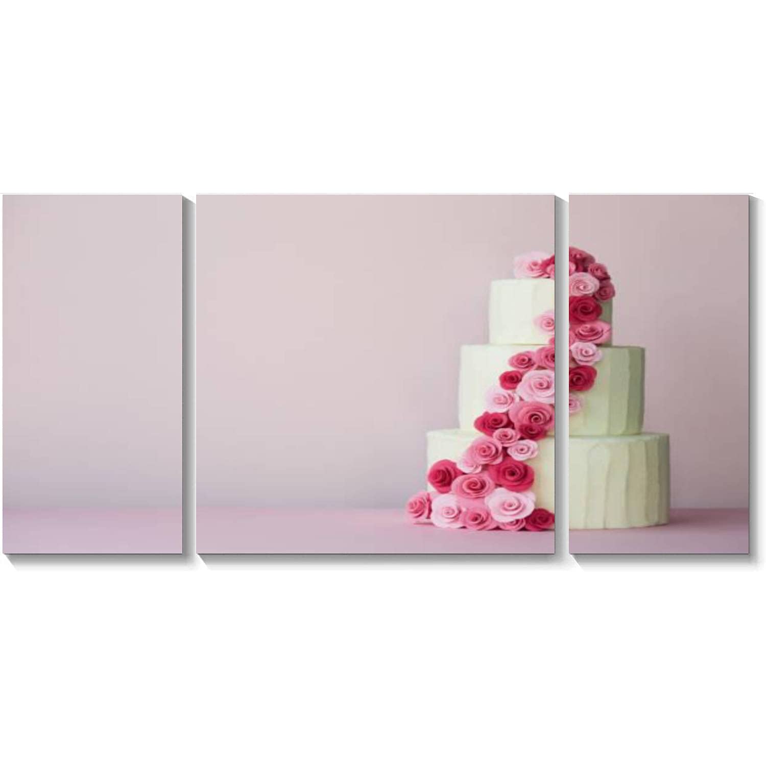 3 Panel Canvas Wall Art - Tiered Wedding Cake with Sugarpaste Roses Framed Print, Ready to Hang Painting for Living Room & Bedroom Decor | Perfect for Wedding Gifts, Bridal Shower & Home Decoration