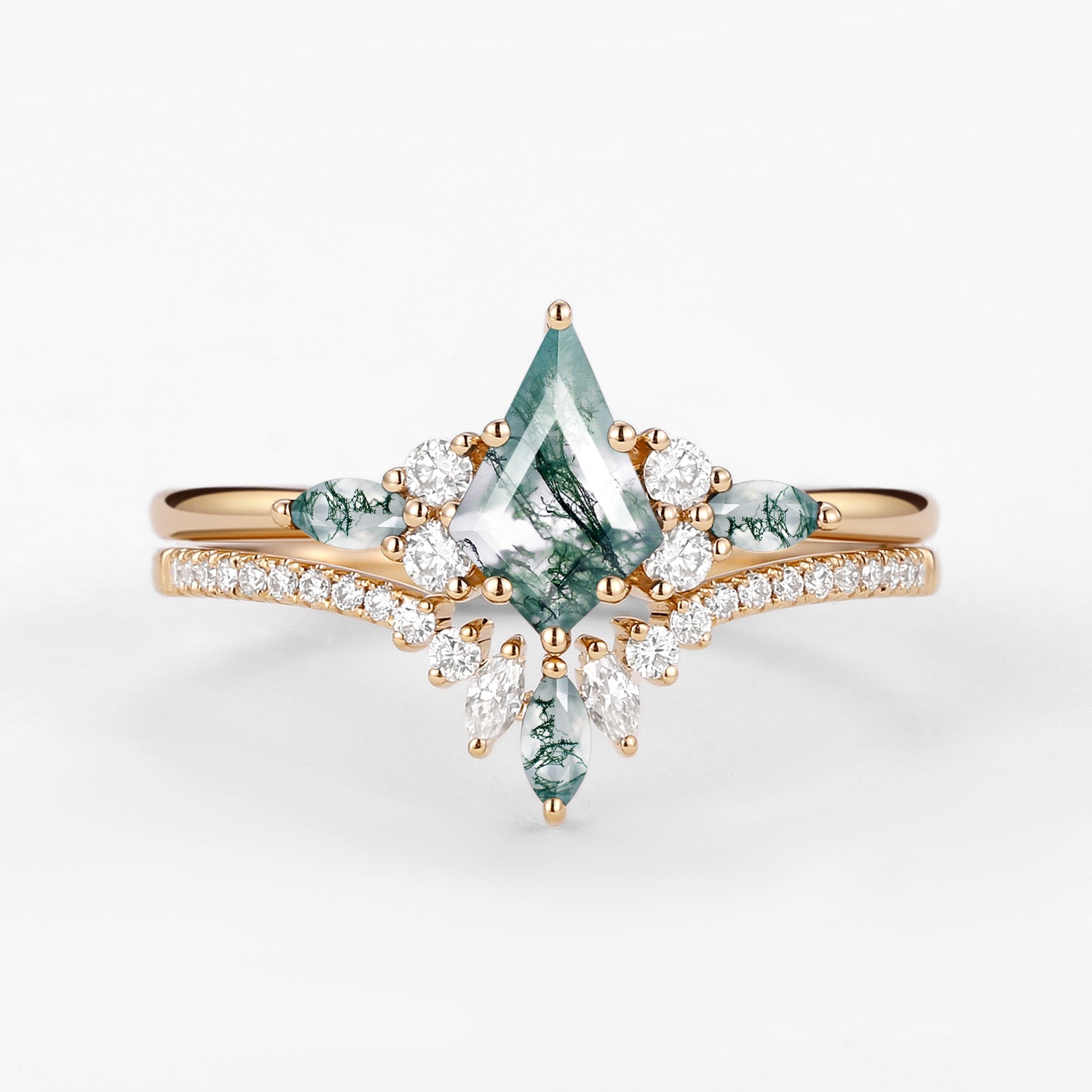 Kite Cut Green Moss Agate Three Stone Engagement Ring Set - 2 Piece Bridal Jewelry for Wedding Proposal & Anniversary Gifts | Perfect for Romantic Occasions & Special Moments