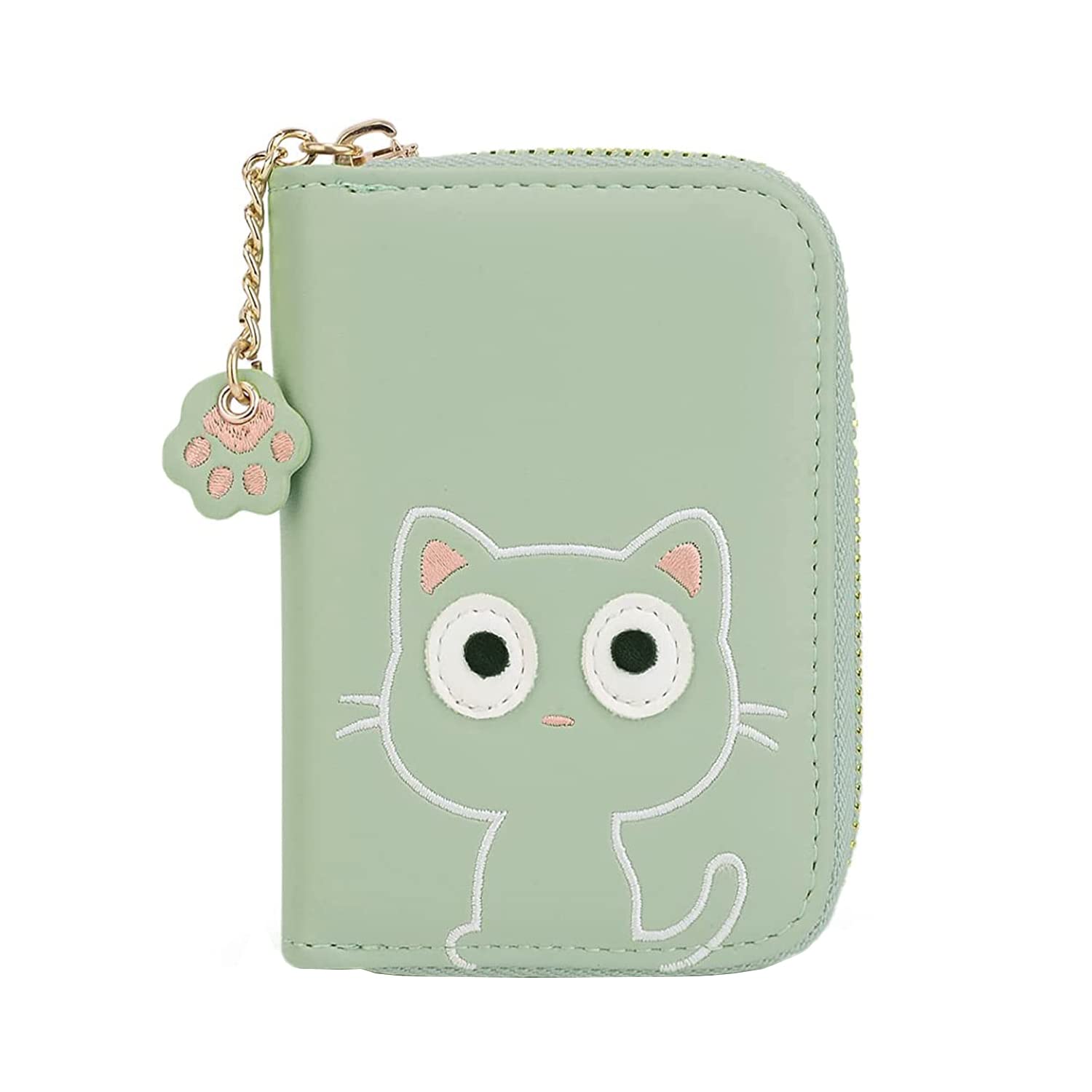 Cute Little Cat Pattern Accordion Zipper Wallet - Multi-Pocket Card Holder with Paw Pendant for Cash, Coins & Credit Cards | Perfect for Everyday Use, Travel & Gift Giving (Green)