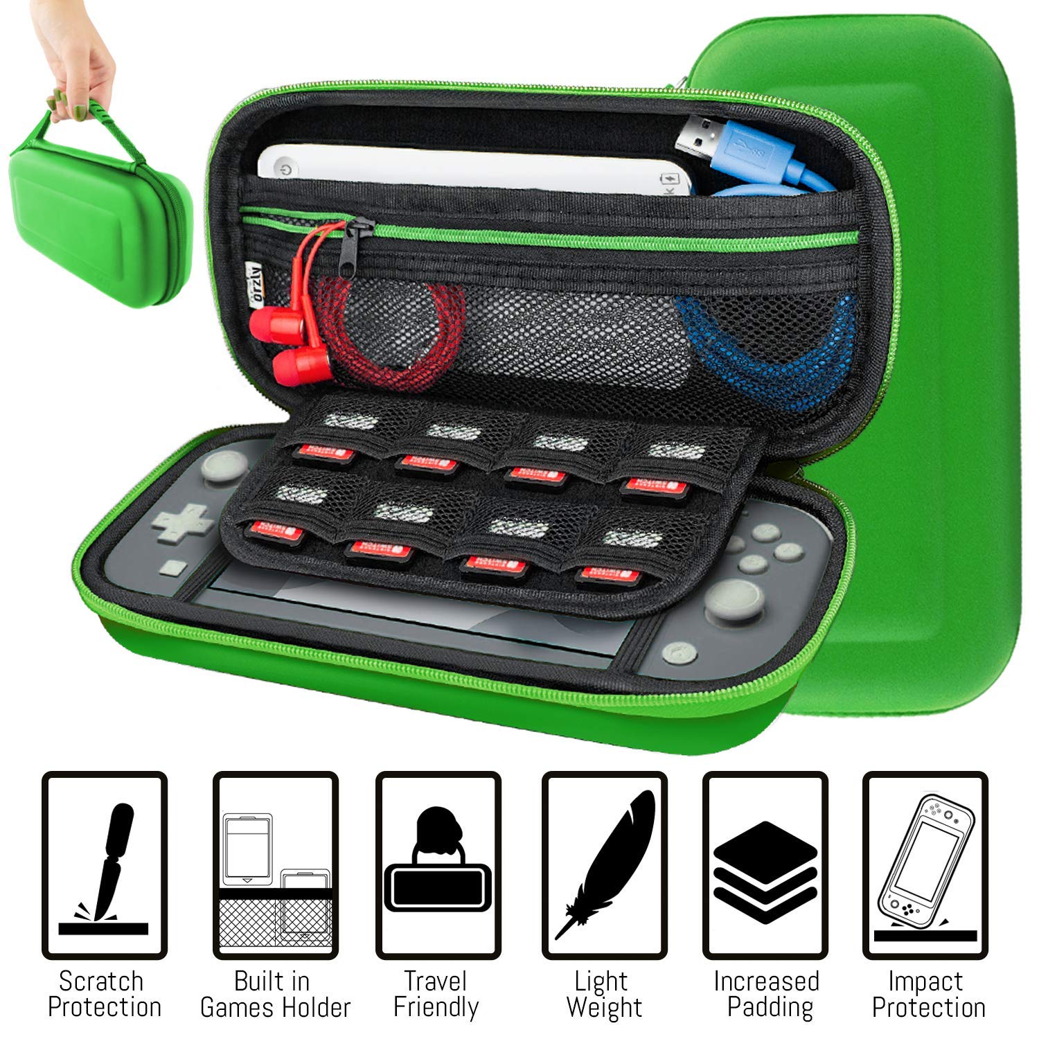 Orzly Nintendo Switch Lite Accessories Bundle - Protective Case, Screen Protector, USB Charging Cable, Game Card Holder, Comfort Grip, Headphones & Thumb Grips for Enhanced Gaming Experience - Green - Perfect for Travel, Home Entertainment & On-the-Go Gaming