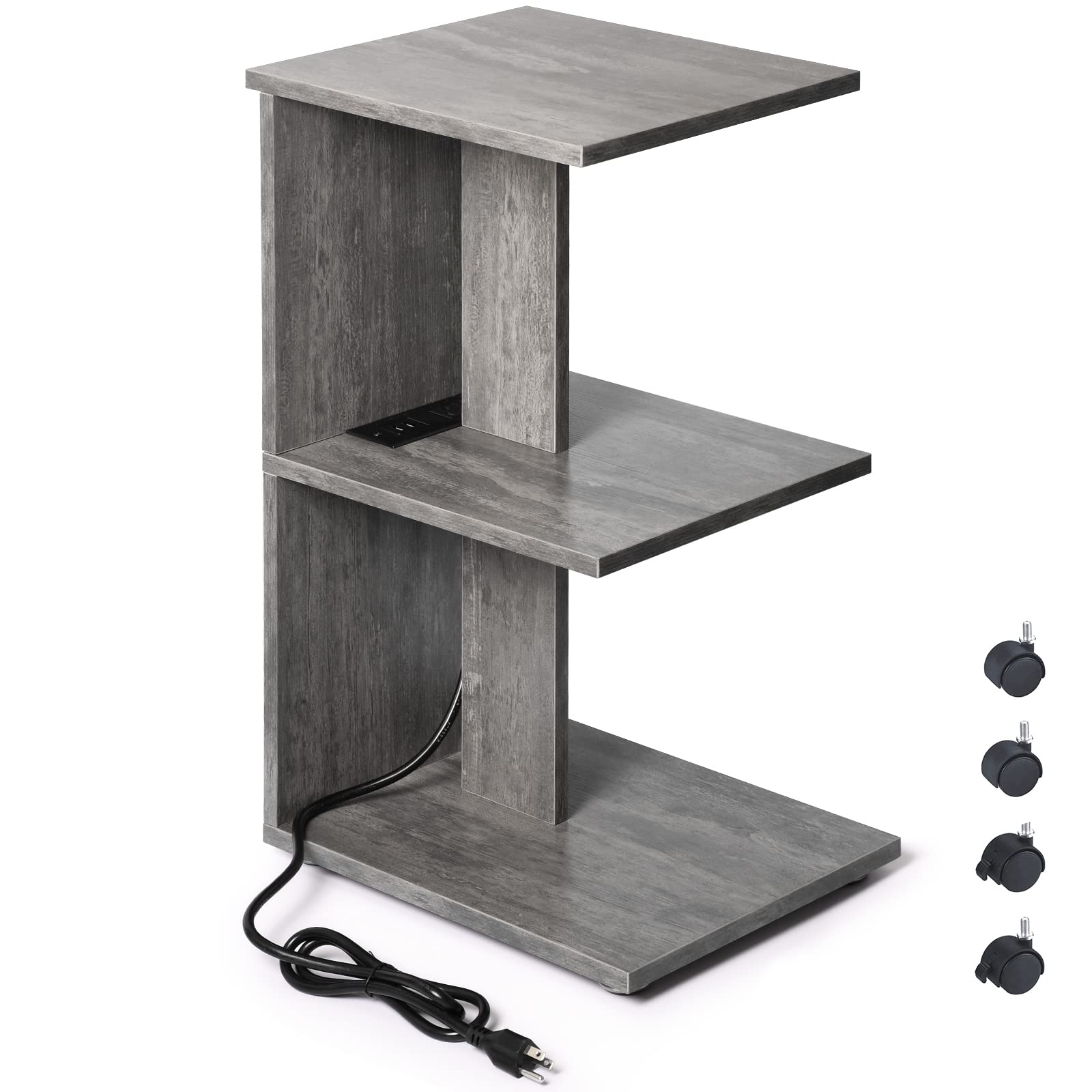 ZGREN Narrow End Table with Charging Station - Slim Side Table with USB Ports & Outlets, Rolling Nightstand for Small Spaces - Perfect for Bedroom, Living Room, or Office as a Space-Saving Night Stand, Sofa Table, or Compact Shelf (Grey)
