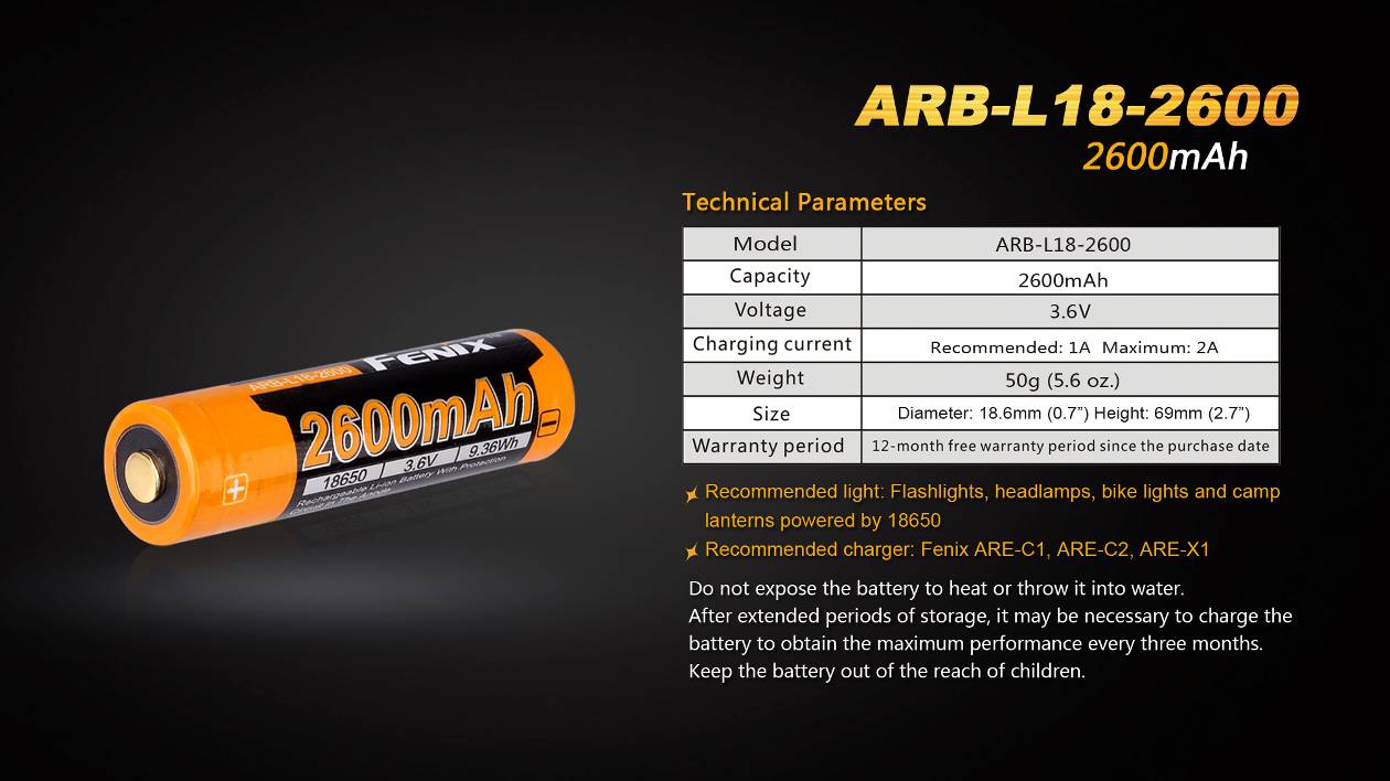 Fenix ARB-L18 2600mAh High Capacity Rechargeable 18650 Lithium Battery - Perfect for Flashlights, Headlamps & Outdoor Gear
