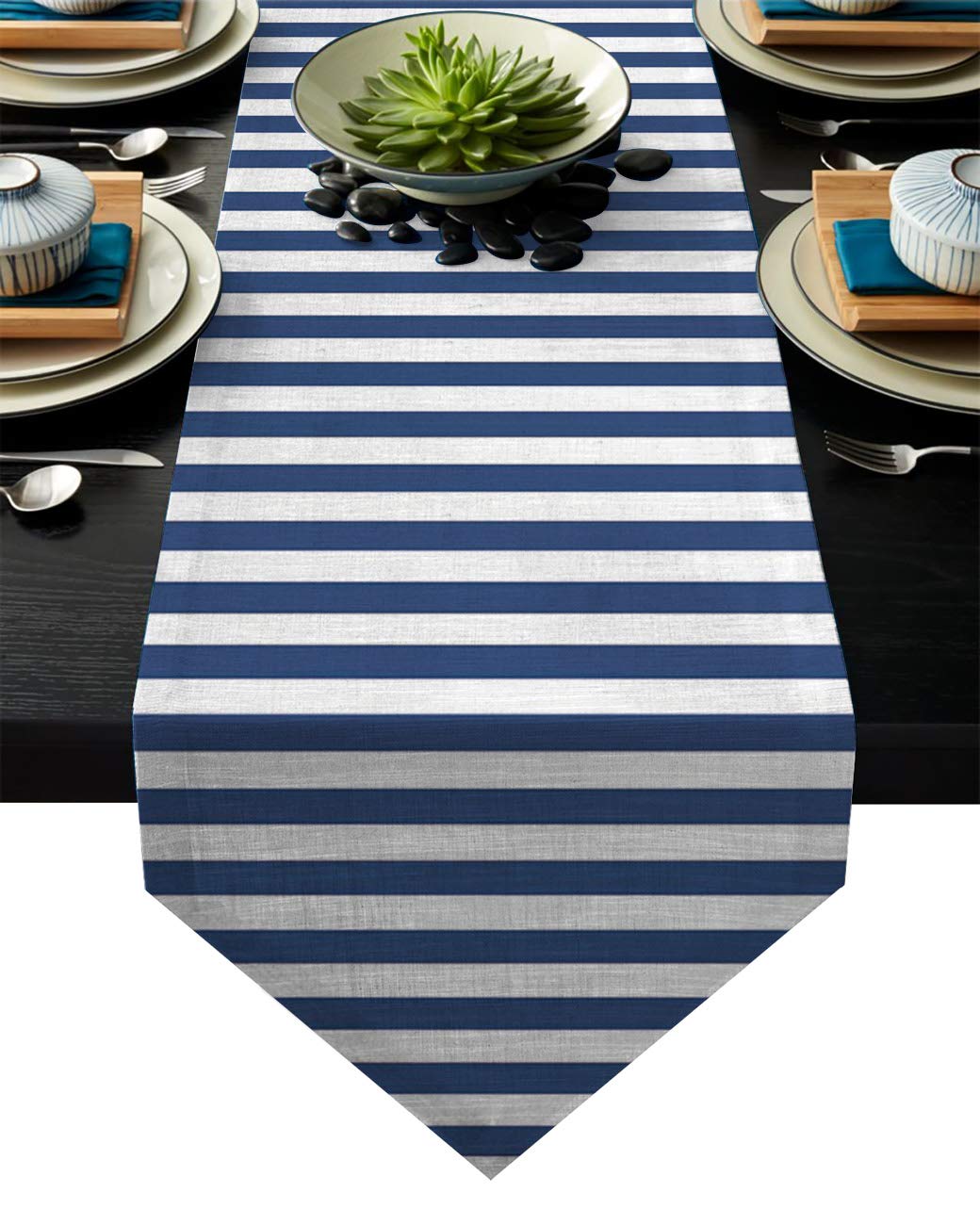 Nautical Striped Linen Burlap Table Runner - 13x90 Inch Navy & White Kitchen Decor for Dining, Weddings, Parties & Holiday Events - Perfect for Farmhouse, Coastal & Rustic Home Decor