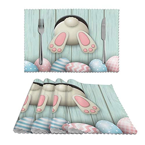Easter Bunny Rabbit Eggs Placemats Set of 4 - 12x18 Inch Heat-Resistant, Washable & Non-Slip Table Mats for Dining - Perfect for Easter Decorations, Spring Parties & Family Gatherings
