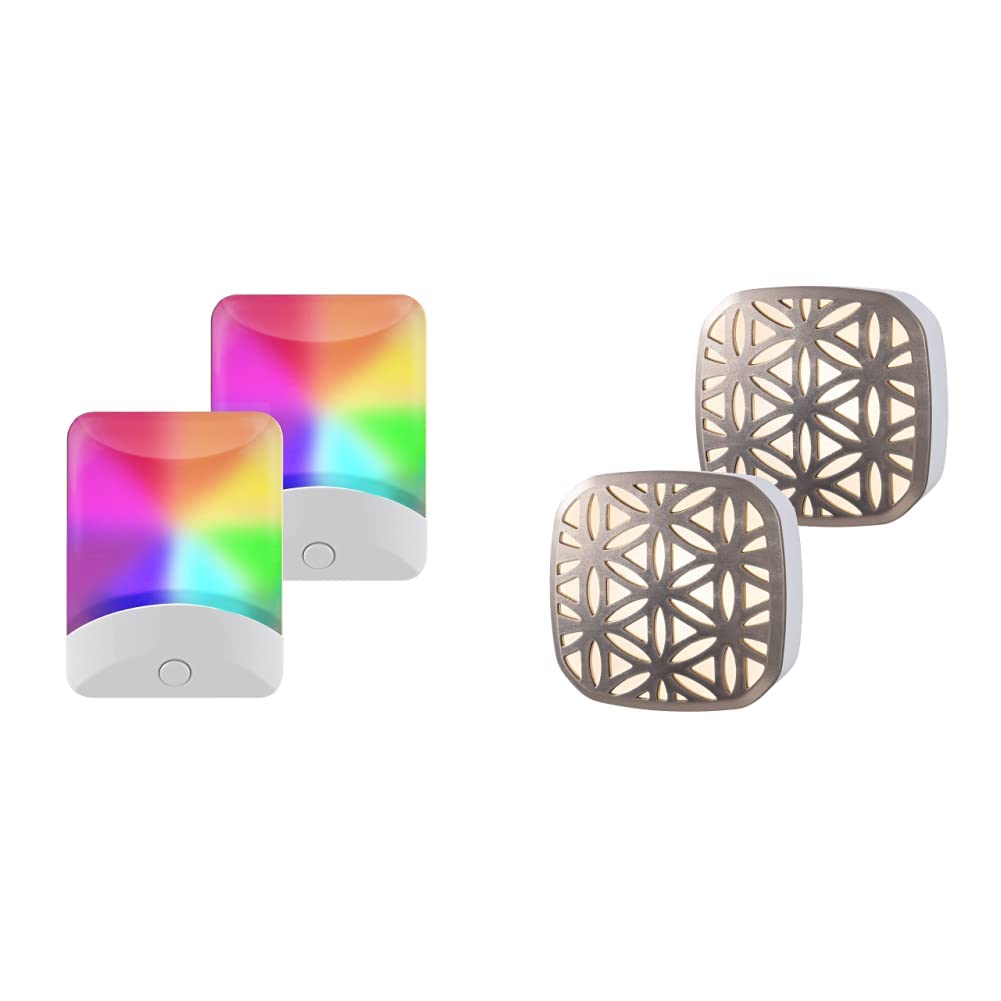 GE Color-Changing LED Night Light Plug-in with White Base (2 Pack) & Lights by Night Decorative LED Night Light with Brushed Nickel Flower Design (2 Pack) - Perfect for Bedrooms, Hallways, and Nurseries with Dusk to Dawn Sensor