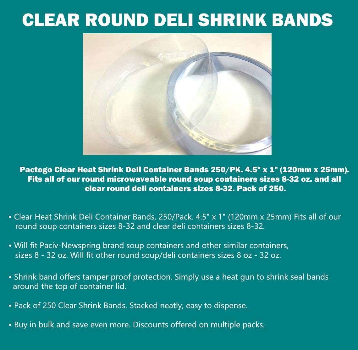 PACTOGO Clear Shrink Bands for Food Containers - 250 Pack Fits 8-32oz Round Plastic Soup/Deli Containers | Perfect for Restaurant Takeout, Meal Prep & Food Storage