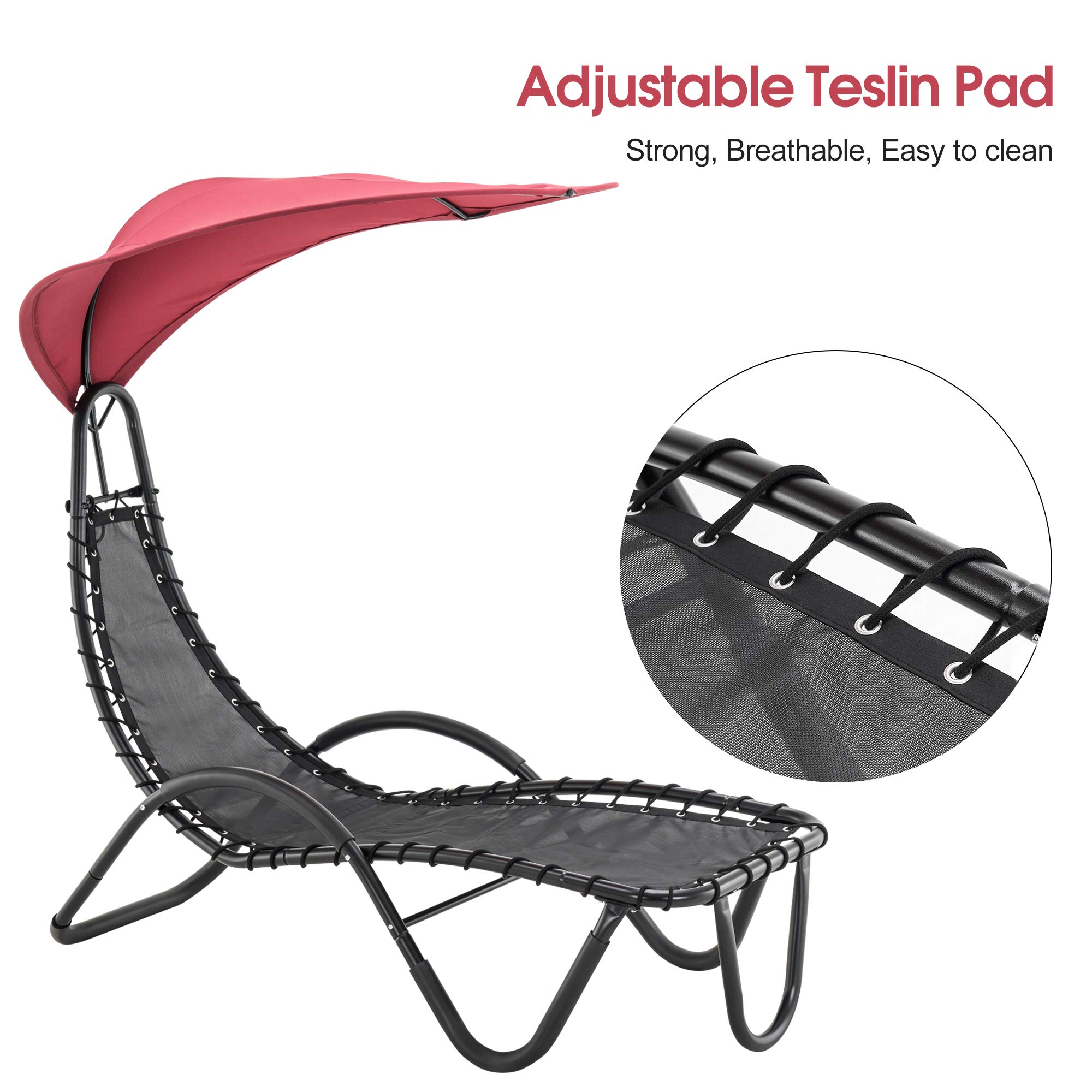 MCombo Outdoor Steel Chaise Lounge Chair with Removable Canopy & Cushions - Adjustable Reclining Patio Chair with Side Pocket & Arc Stand - Perfect for Beach, Poolside, Backyard, Balcony & Porch Relaxation (Burgundy, 4097) - Ideal for Sunbathing, Lounging & Outdoor Leisure Activities