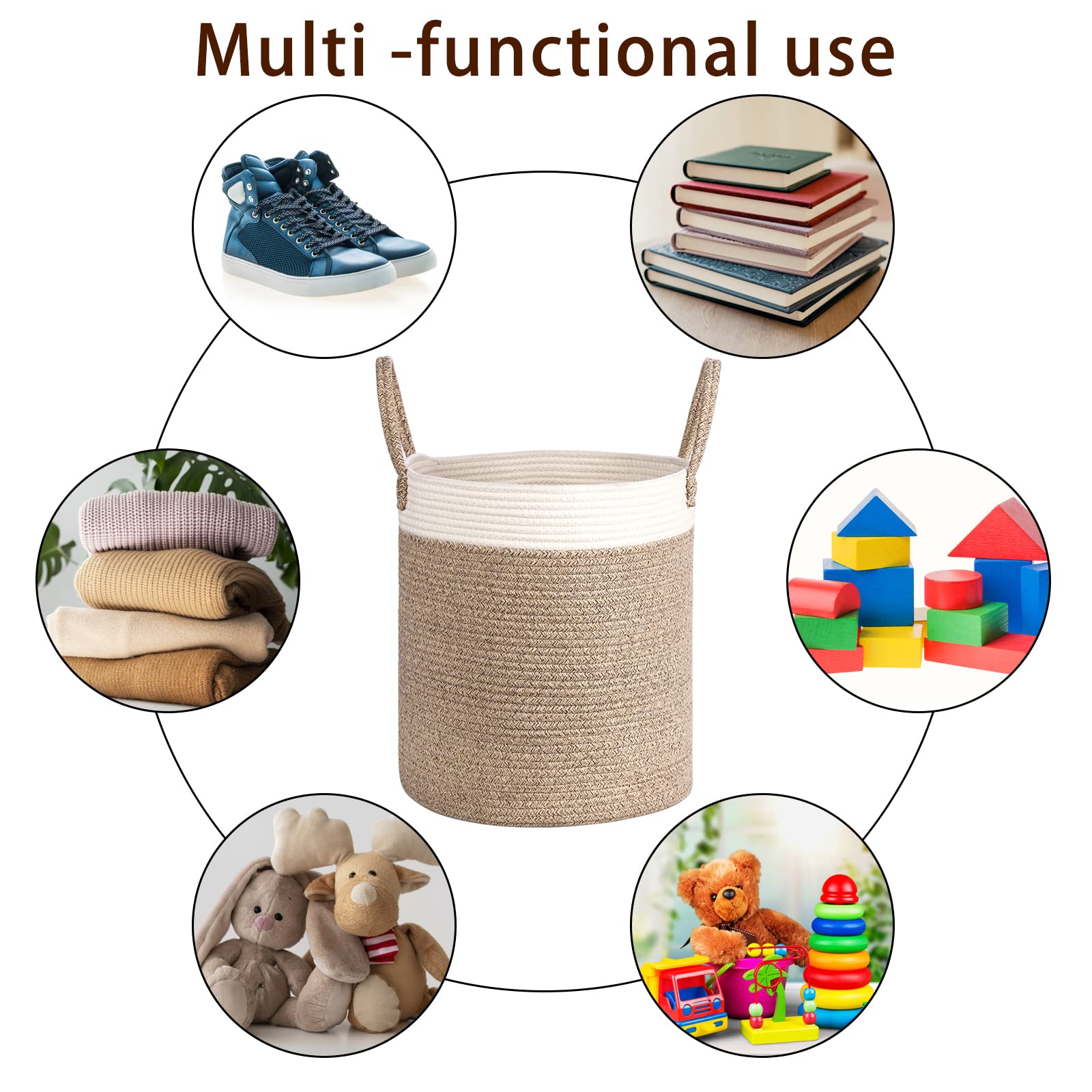 Tesmien Foldable Woven Laundry Basket & Toy Storage Organizer - Large Cotton Rope Hamper with Handles for Nursery, Baby Room Decor (35x40cm, Khaki+White) - Perfect for Kids' Toys, Blankets & Clothes Storage