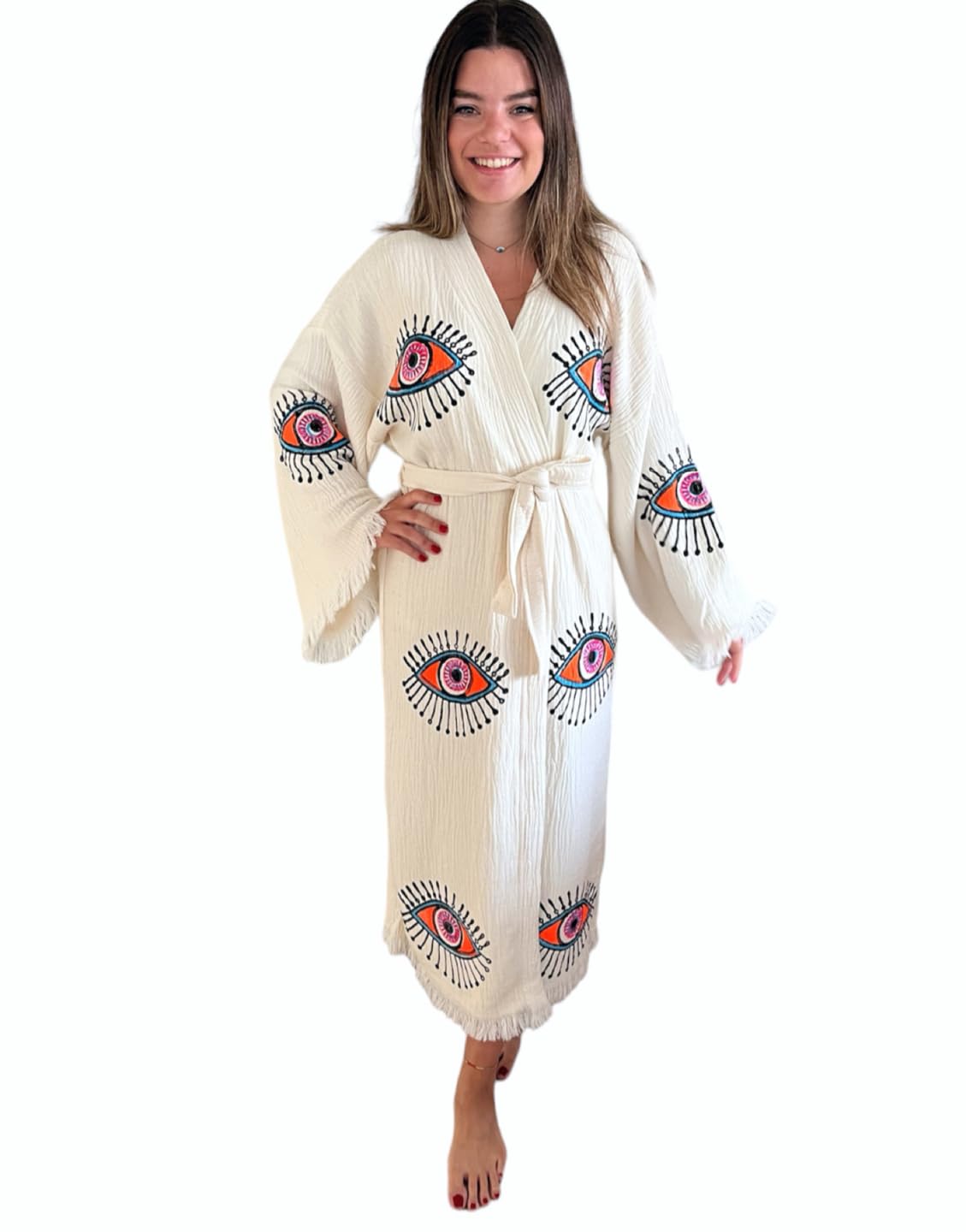 Handmade Evil Eye Kimono - Women's Beach Cover Up, Festival Bohemian Robe, Boho Cotton Cardigan & Dressing Gown for Summer, Poolside, Music Festivals & Relaxation at Home