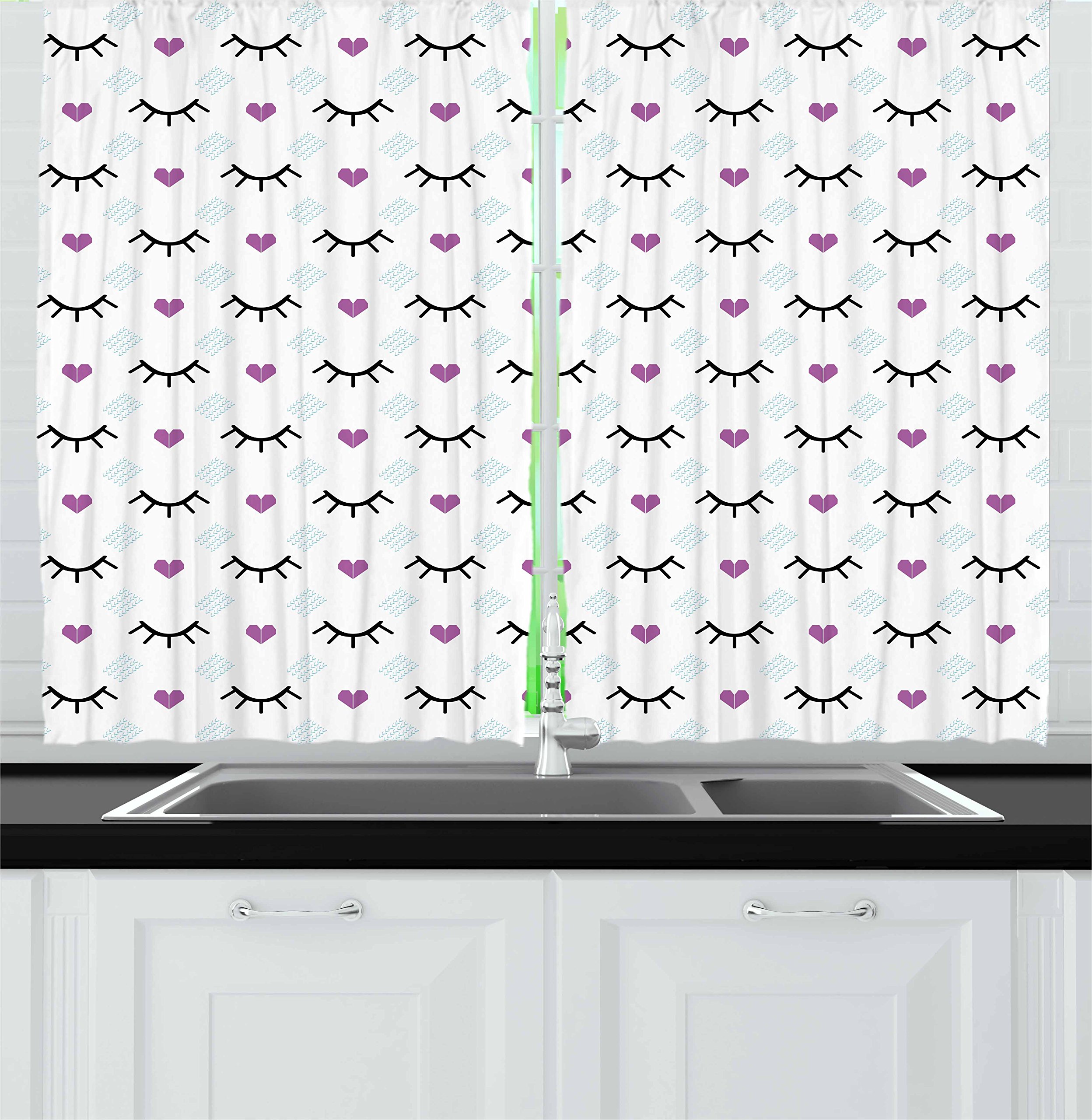 Ambesonne Eyelash Kitchen Curtains Set - 2 Panels with Winking Eyes & Pink Hearts Romantic Cartoon Design, 55 x 39 Inches, Fuchsia Pale Blue Black - Cute Window Drapes for Kitchen, Cafe, Diner, Bedroom & Nursery Decor