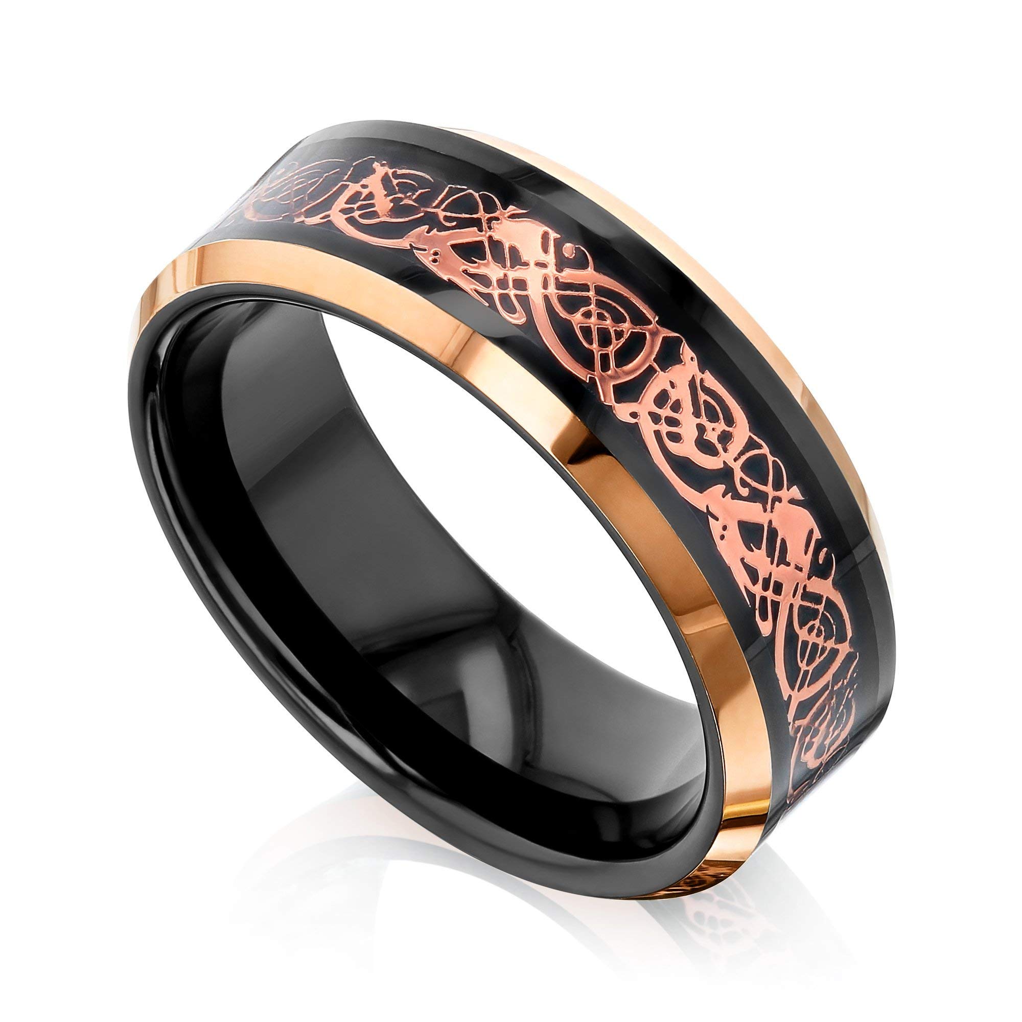 Kobelli 8MM Black and Rose Gold Celtic Dragon Inlay Wedding Band Ring for Men - Perfect for Celtic Weddings, Anniversary Gifts & Viking Style Jewelry Lovers