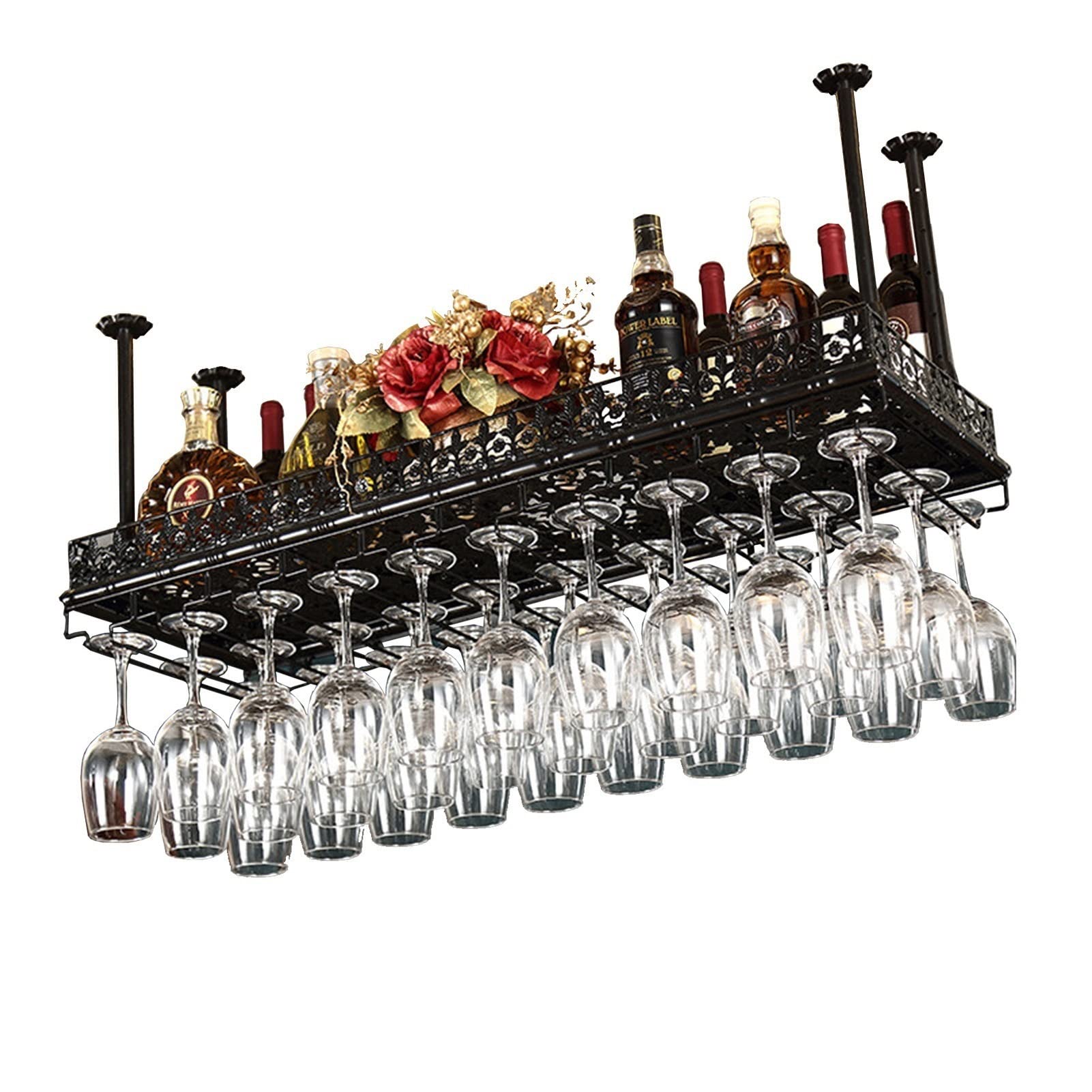 Vintage Hanging Wine Rack & Glass Holder - Adjustable Ceiling Mount Wine Bottle Storage for Bar, Kitchen, Restaurant - Black (140x35cm) - Perfect for Home Decor, Wine Cellar Organization & Commercial Use
