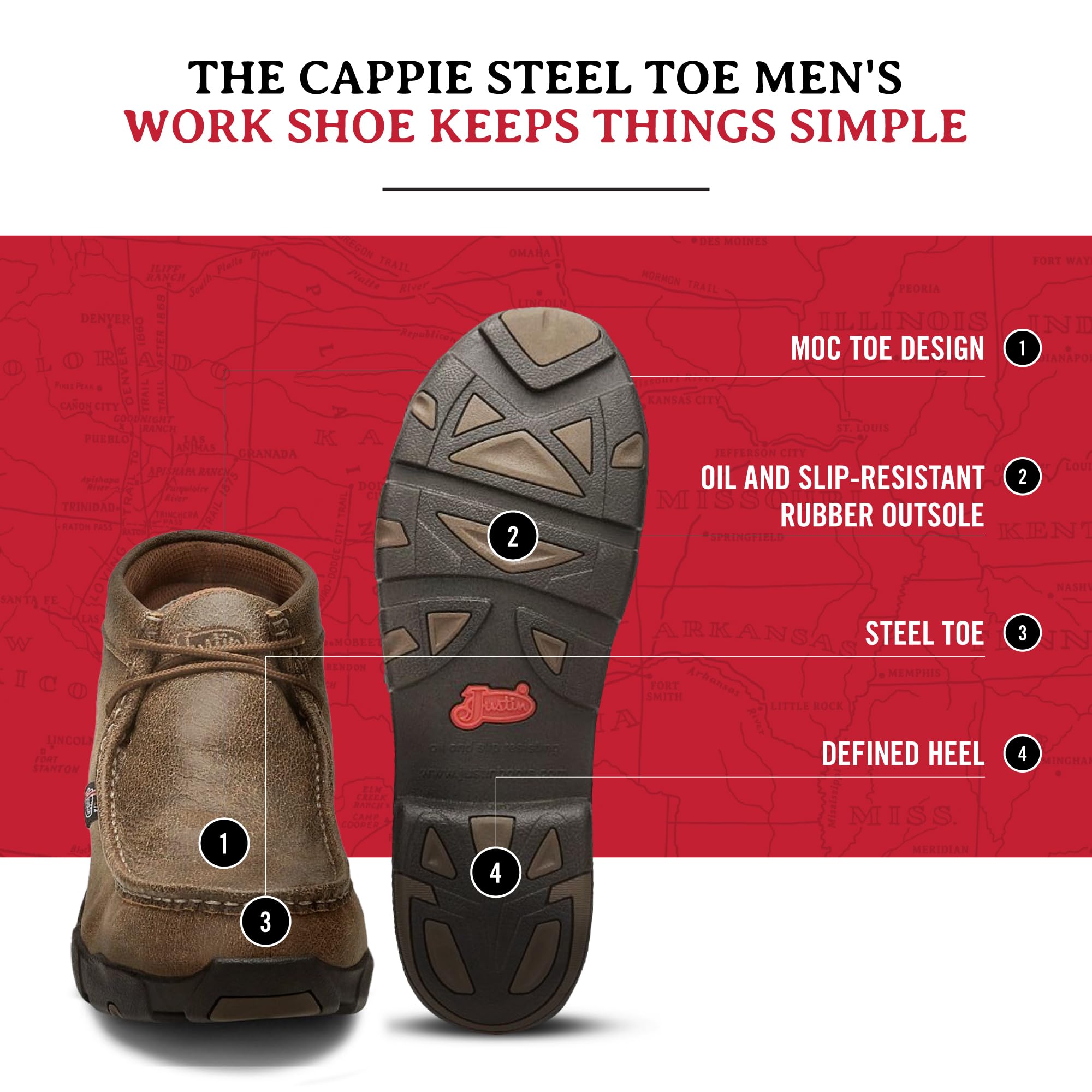 Justin Cappie Men's Steel Toe Work Boots - Premium Full-Grain Leather Moc Toe Chukka Boots with Oil & Slip Resistant Outsole, EH Safety Rated - Ideal for Construction, Warehouse & Industrial Work