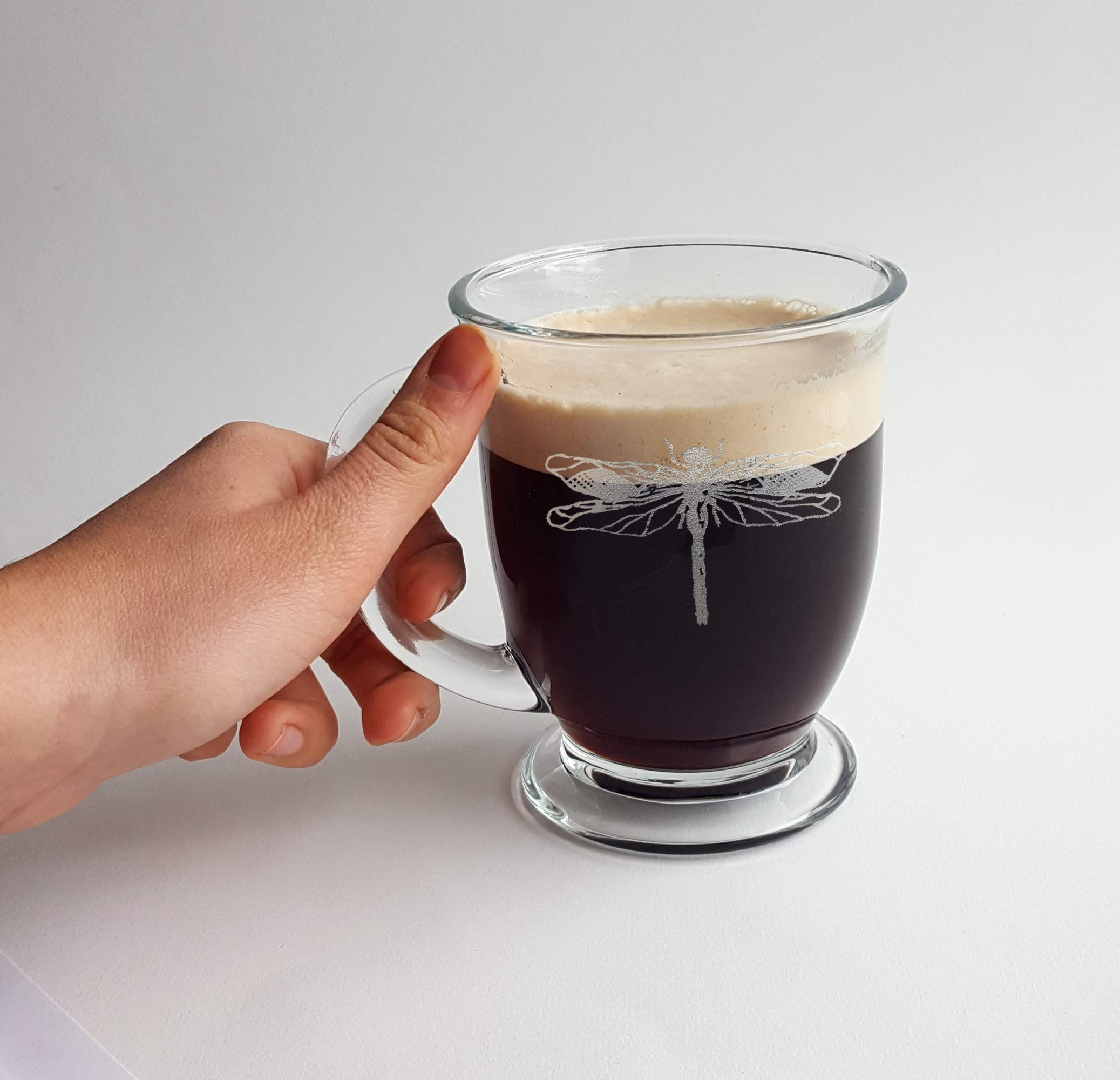 Set of 6 Dragonfly Design Glass Coffee Mugs - 16oz with Free Engraved Personalization | Elegant Drinkware for Home, Office, Restaurant & Gift Giving