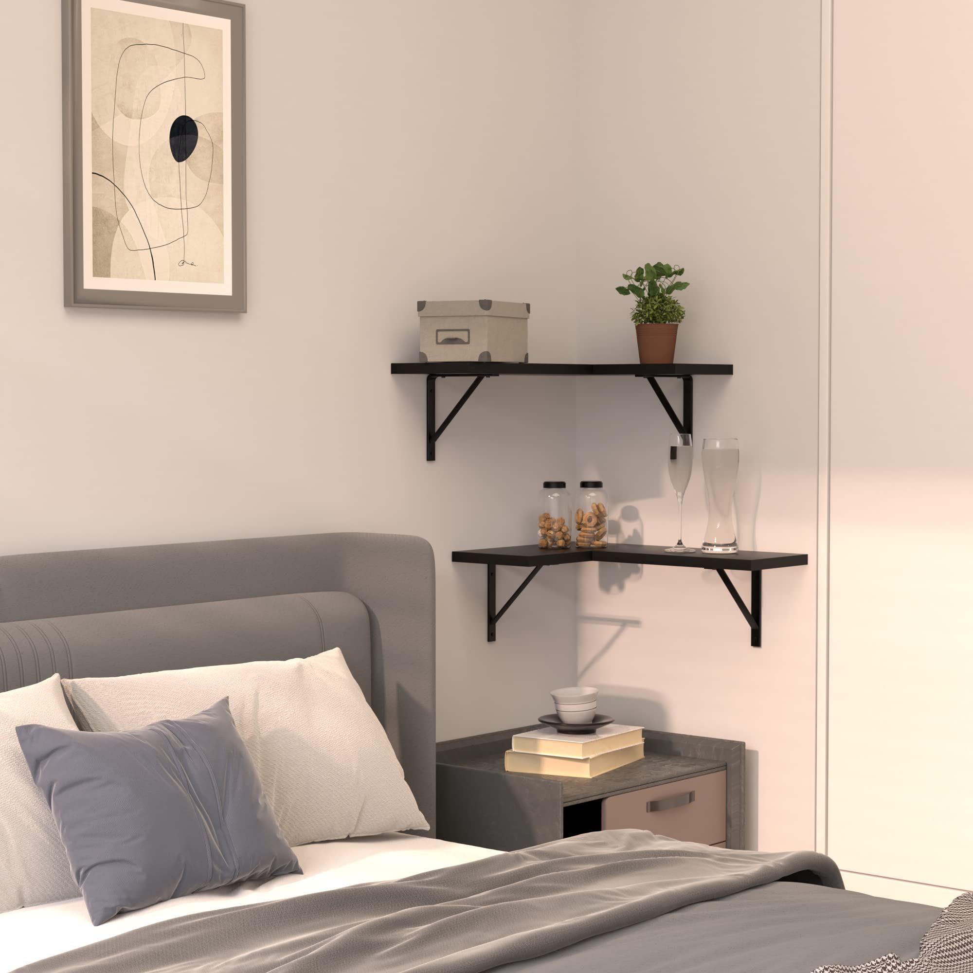 NATURE'S SOURCE Gothic Style Corner Floating Shelves Set of 4 - Wall Mounted Storage for Bedroom, Kitchen, Living Room, Bathroom & Office - Black Wooden Shelves for Home Decor & Organization