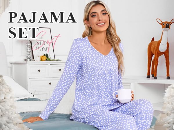 POPYOUNG Women's Fall Pajama Sets - 2 Piece V-Neck Long Sleeve Sleepwear & Lounge PJS for Cozy Nights, Relaxing at Home, and Gift Giving