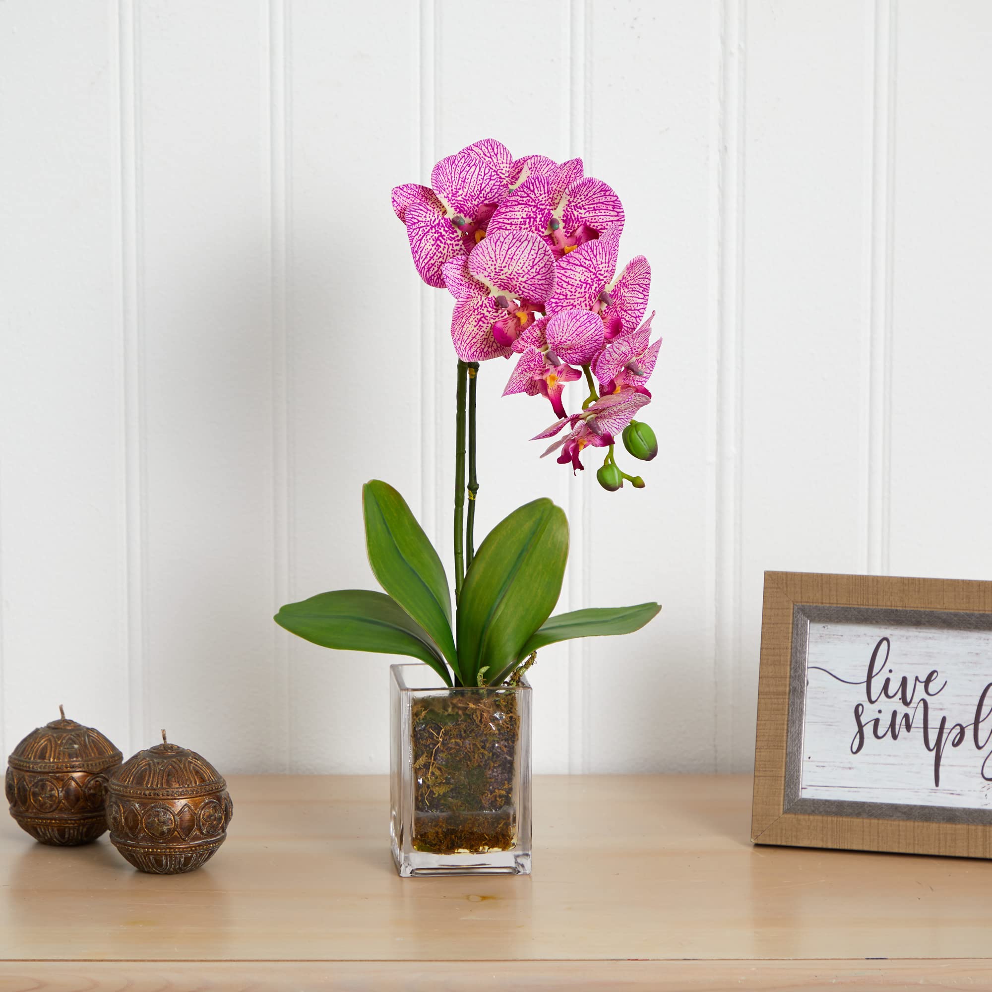 Nearly Natural 24 Inch White Phalaenopsis Orchid Artificial Flower Arrangement in Glass Vase - Perfect for Home Decor, Wedding Centerpieces & Office Desk Decorations