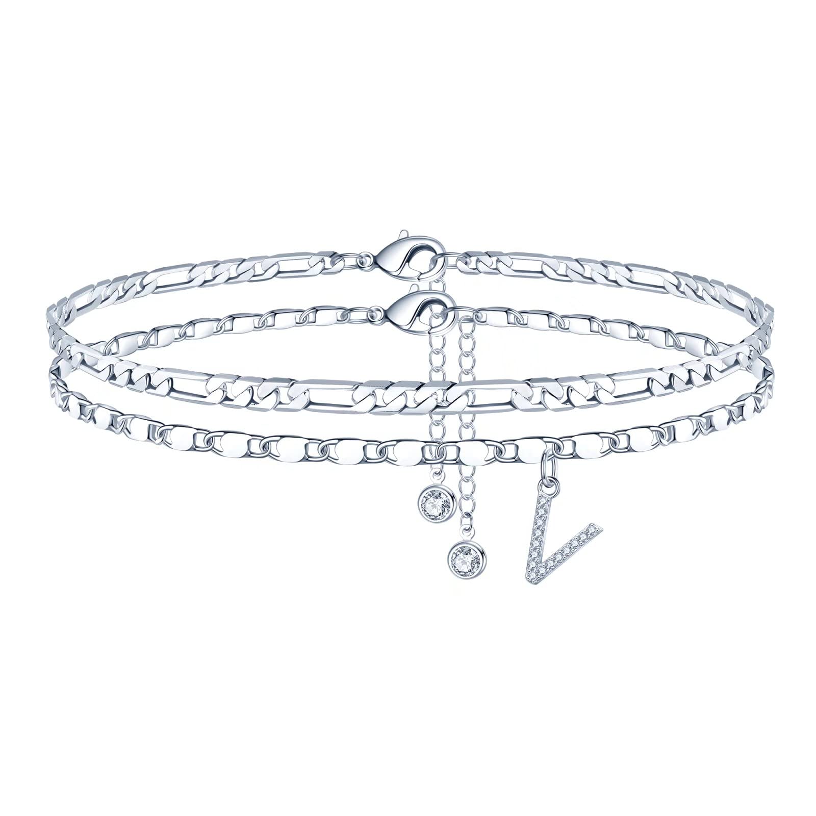 14K Gold Plated Dainty Layered Chain CZ Initial Anklets Set for Women - Ursteel Adjustable Ankle Bracelets, Summer Jewelry Gifts for Her - Perfect for Beach Vacations, Date Nights & Everyday Wear