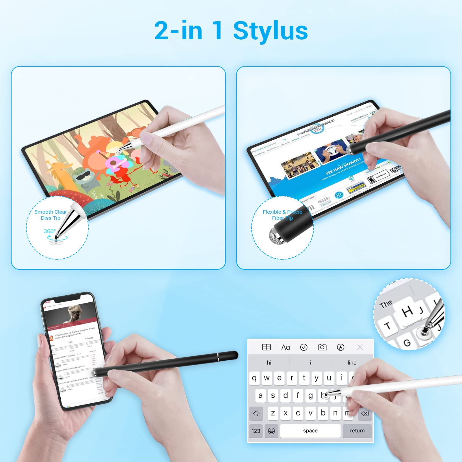 Premium Stylus Pen for iPad & Touch Screens - 2-in-1 Disc/Fiber Tip Stylus Pencil with Magnetic Cap | Compatible with Apple iPad Pro/Mini/Air, iPhone, Android & Microsoft Surface | 2-Pack (White & Black) | Perfect for Drawing, Note-Taking & Digital Signatures