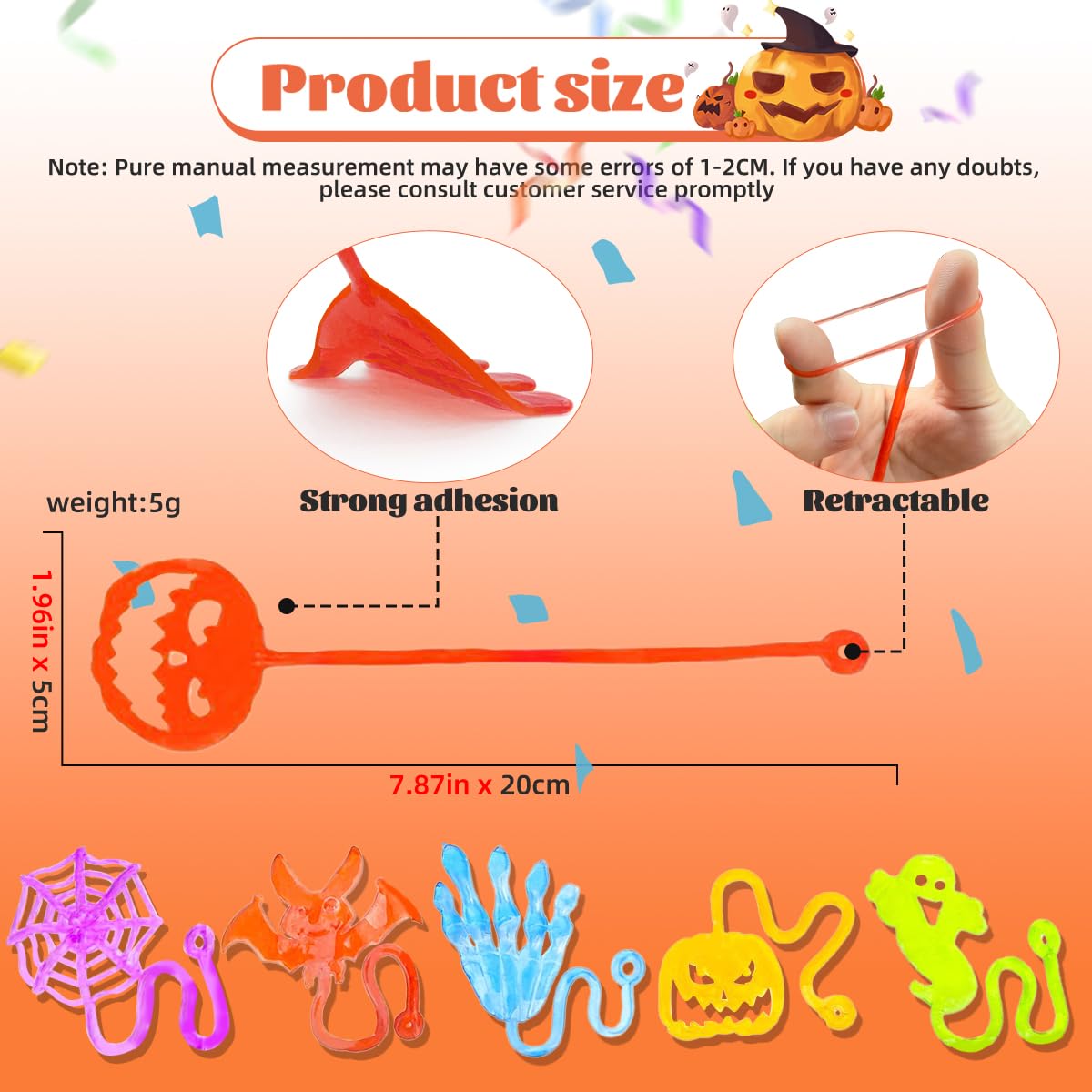 60 Pcs Halloween Sticky Hand Toys for Kids - Stretchy Skeleton, Bat, Ghost & Pumpkin Party Favors for Trick or Treat, Classroom Prizes, Goodie Bags & Halloween Party Games