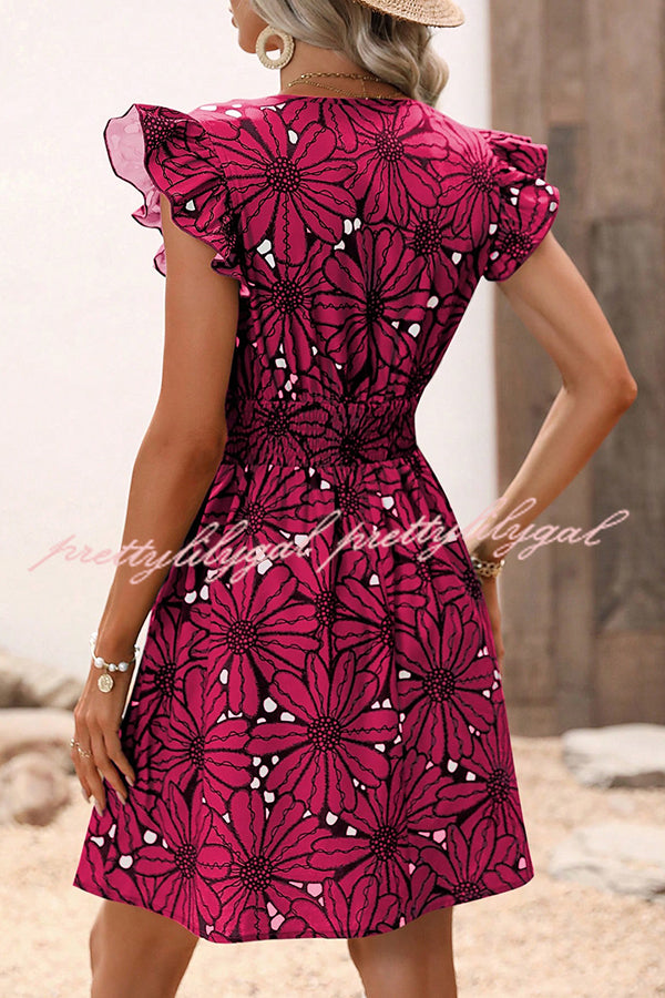 Floral Print Ruffle Sleeve Mini Dress with Elastic Waist - Perfect for Weekend Outings, Brunch Dates & Summer Vacations