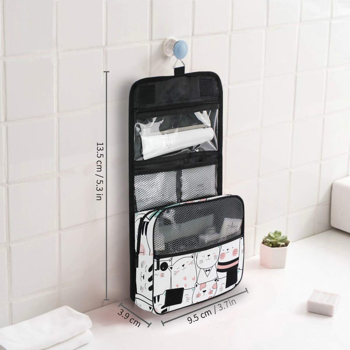 MOYYO Cute Cartoon Cat Travel Hanging Toiletry Bag - Waterproof Cosmetic Makeup Organizer Pouch for Women & Men - Perfect for Shower, Gym, Camping & Vacation Trips