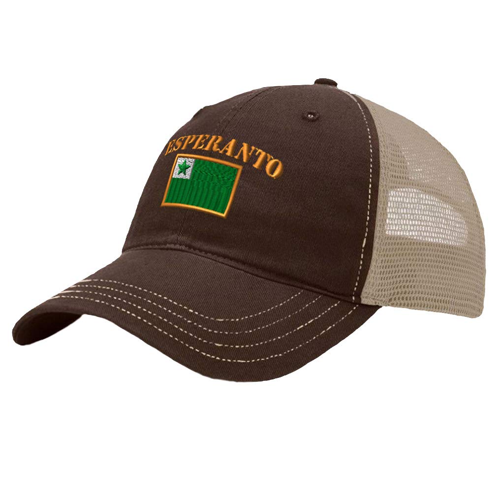 Richardson Trucker Mesh Hat with Esperanto Flag Embroidery - Cotton Snapback Dad Cap for Men & Women in Brown & Khaki - Perfect for Outdoor Activities, Casual Wear & Gift Giving