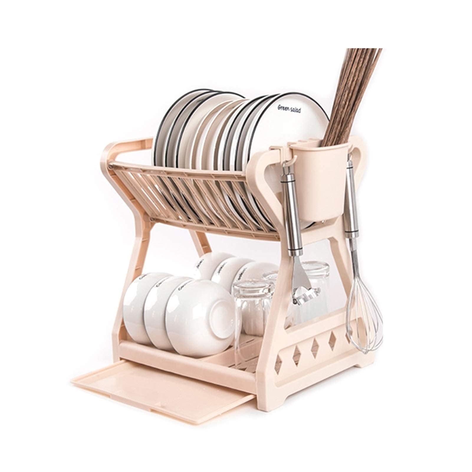 HFTD 2-Tier Dish Drying Rack with Chopstick Holder - Space Saving Kitchen Organizer for Plates, Bowls & Utensils - Apricot Color Countertop Storage Solution for Small Kitchens & Apartments