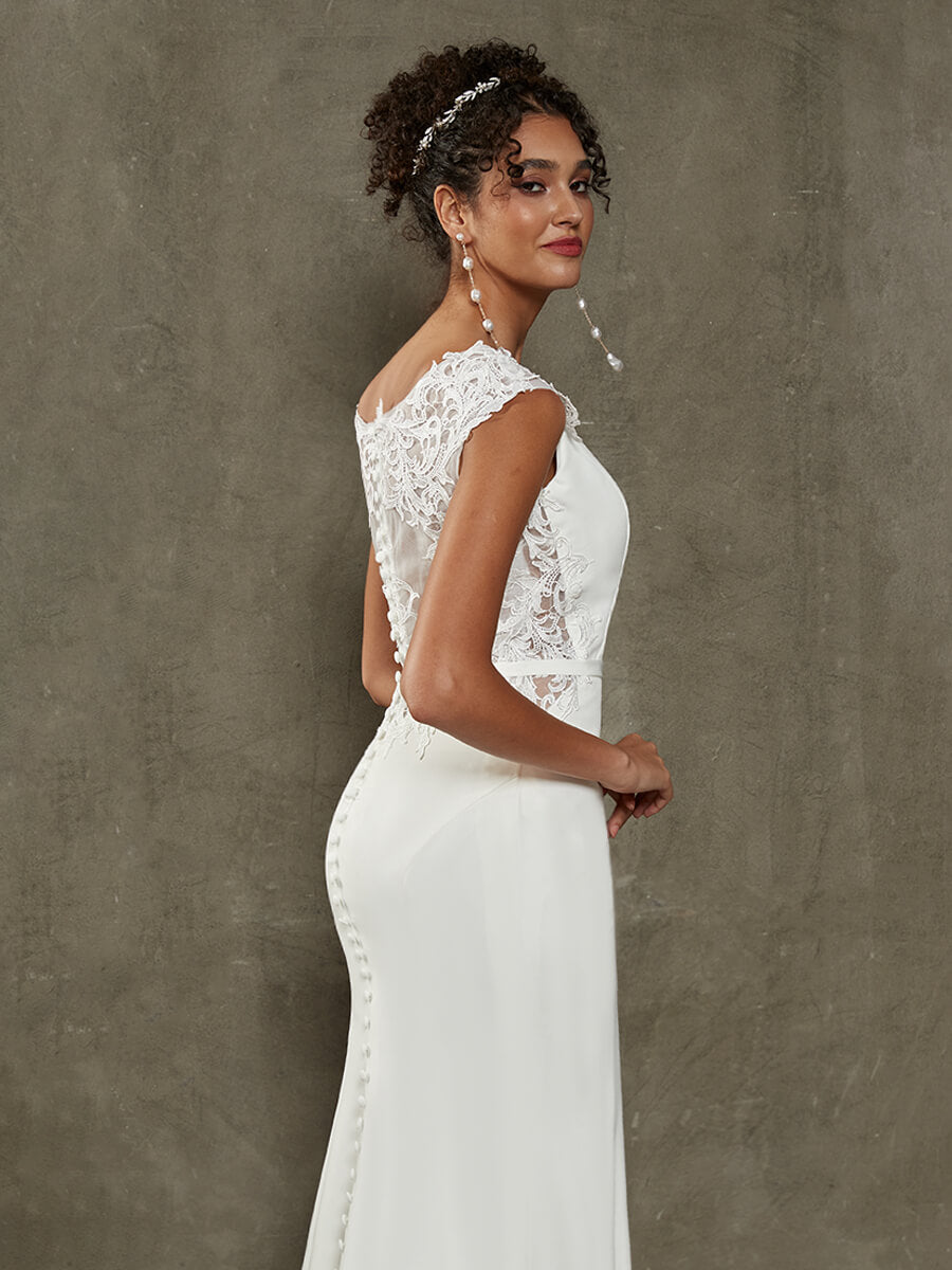 Elegant Double FDY Illusion Back Cap Sleeve Mermaid Wedding Dress with Lace Train - Perfect for Beach, Church, and Formal Wedding Ceremonies