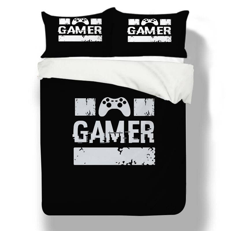 DYWER 3D Black and White Gaming Controller Bedding Set - Full Size Comforter Cover for Boys & Teens - Perfect for Gamer Bedroom Decor and Video Game Themed Sleepovers