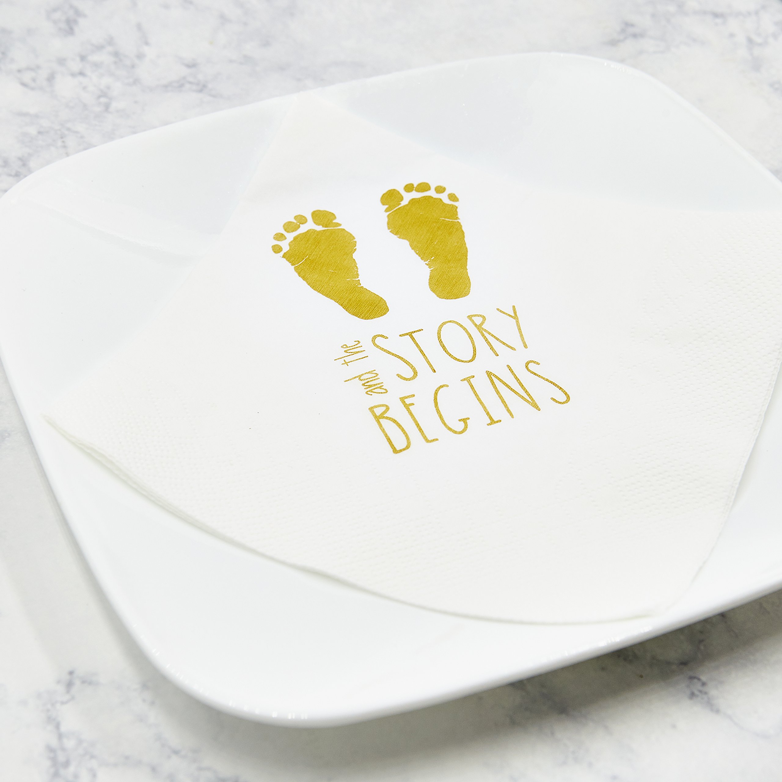 100 Premium Gold Baby Shower Napkins - 6.5 x 6.5 Inch Large Gender Reveal Party Supplies - 'And The Story Begins' Theme - Perfect for Baby Showers, Gender Reveal Parties & Celebrations